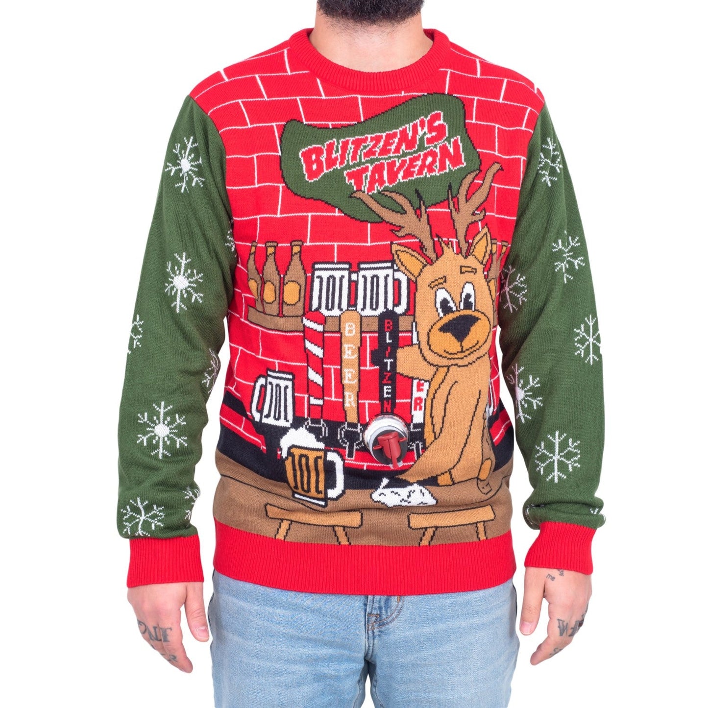 Funny Ugly Christmas Sweater Beverage Dispenser Elfed Up Blitzen's Santa Jingle Juice Knitted Pullover