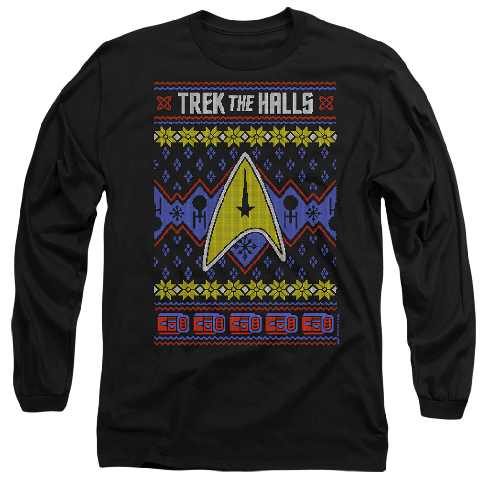 Star Trek Trek The Halls Ugly Christmas Mens Long Sleeve Shirt Black Officially Licensed