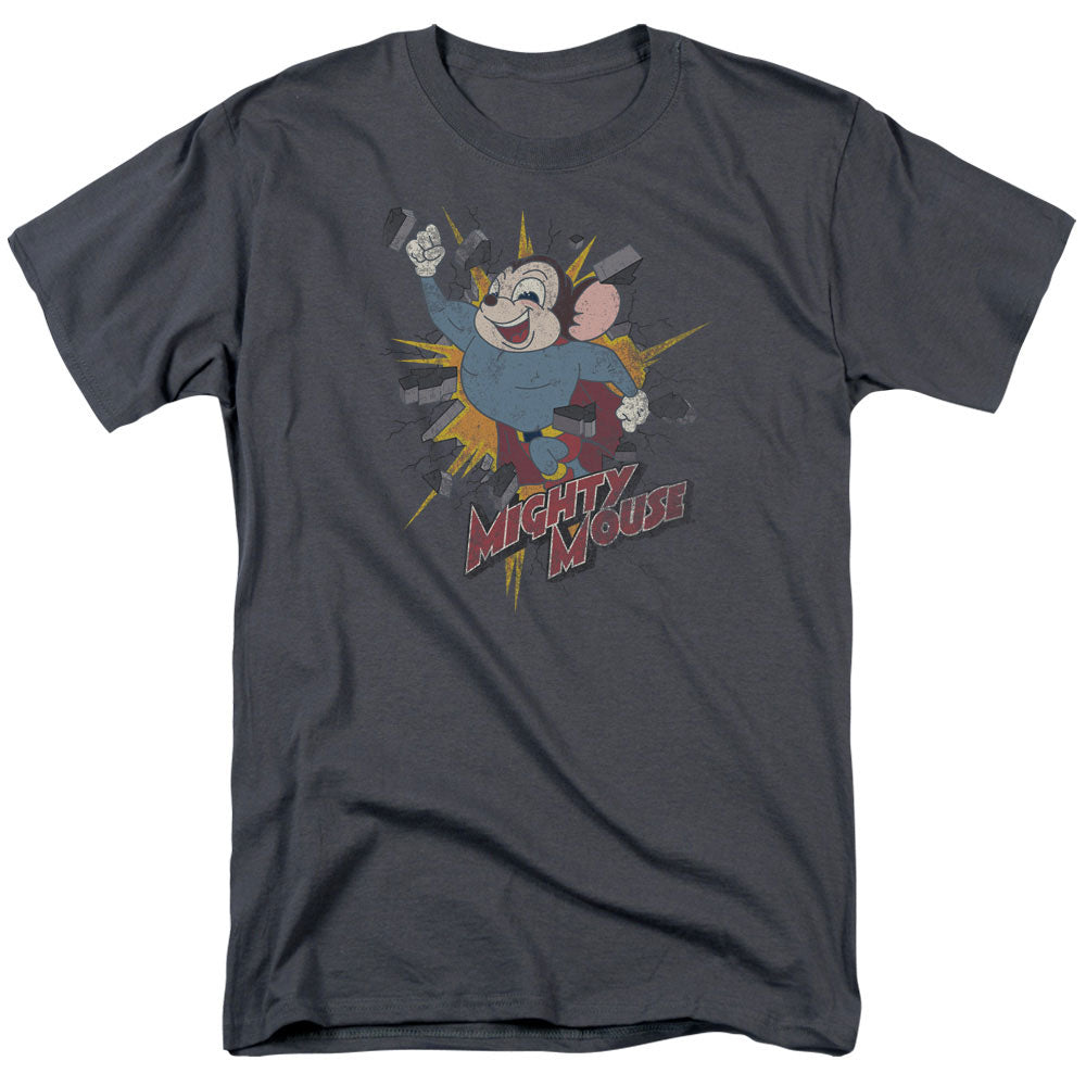 Mighty Mouse Break Through Mens T Shirt Charcoal Officially Licensed