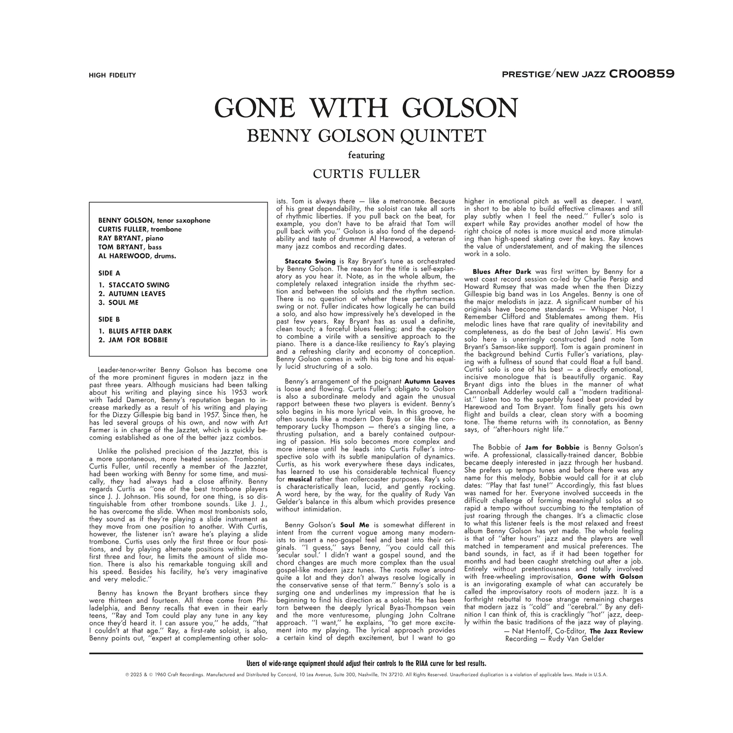 Gone With Golson (Original Jazz Classics Series) (180g LP) Vinyl Record