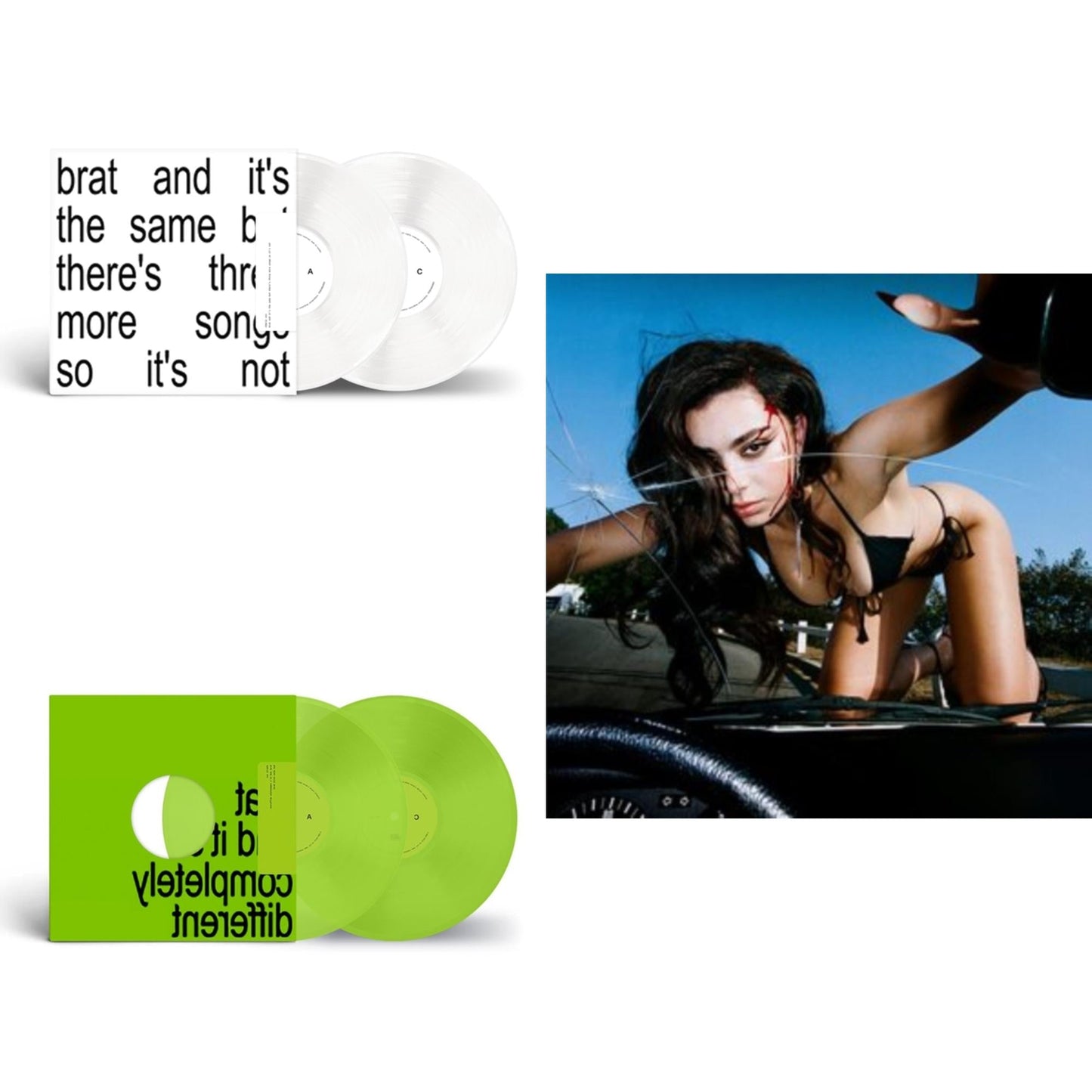 Charli Xcx - Brat & It's The Same But There's Three More Songs So It's Not (2LP/White Vinyl) & Brat & It's Completely Different (2LP/Brat Green Vinyl) & Crash