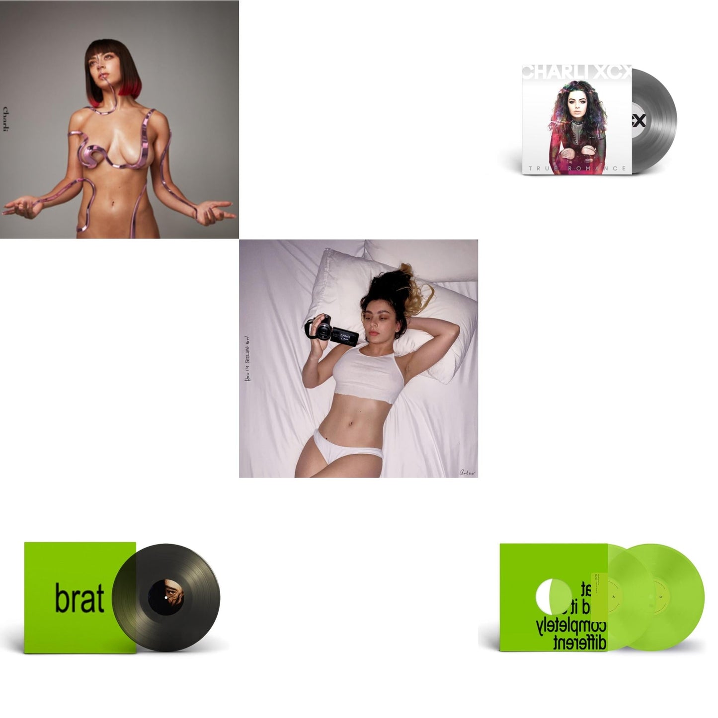 Charli Xcx - Brat & It's Completely Different (2LP/Brat Green Vinyl) & Brat (Black Ice LP Vinyl) & How I'm Feeling Now (Clear LP Vinyl) & Charli Charli (2LP) & True Romance Original Angels Repress