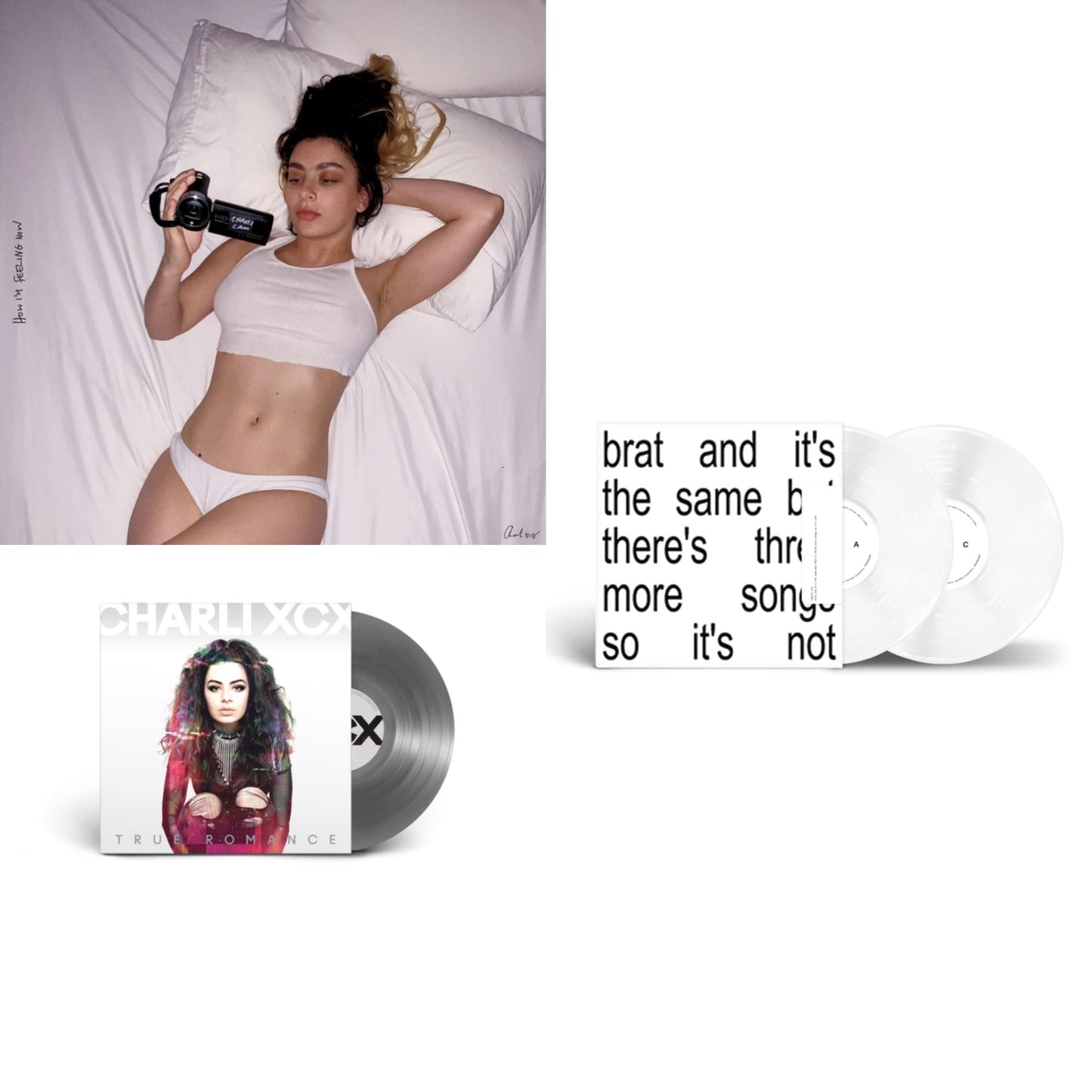 Charli Xcx - Brat & It's The Same But There's Three More Songs So It's Not (2LP/White Vinyl) & How I'm Feeling Now (Clear LP Vinyl) & True Romance Original Angels Repress