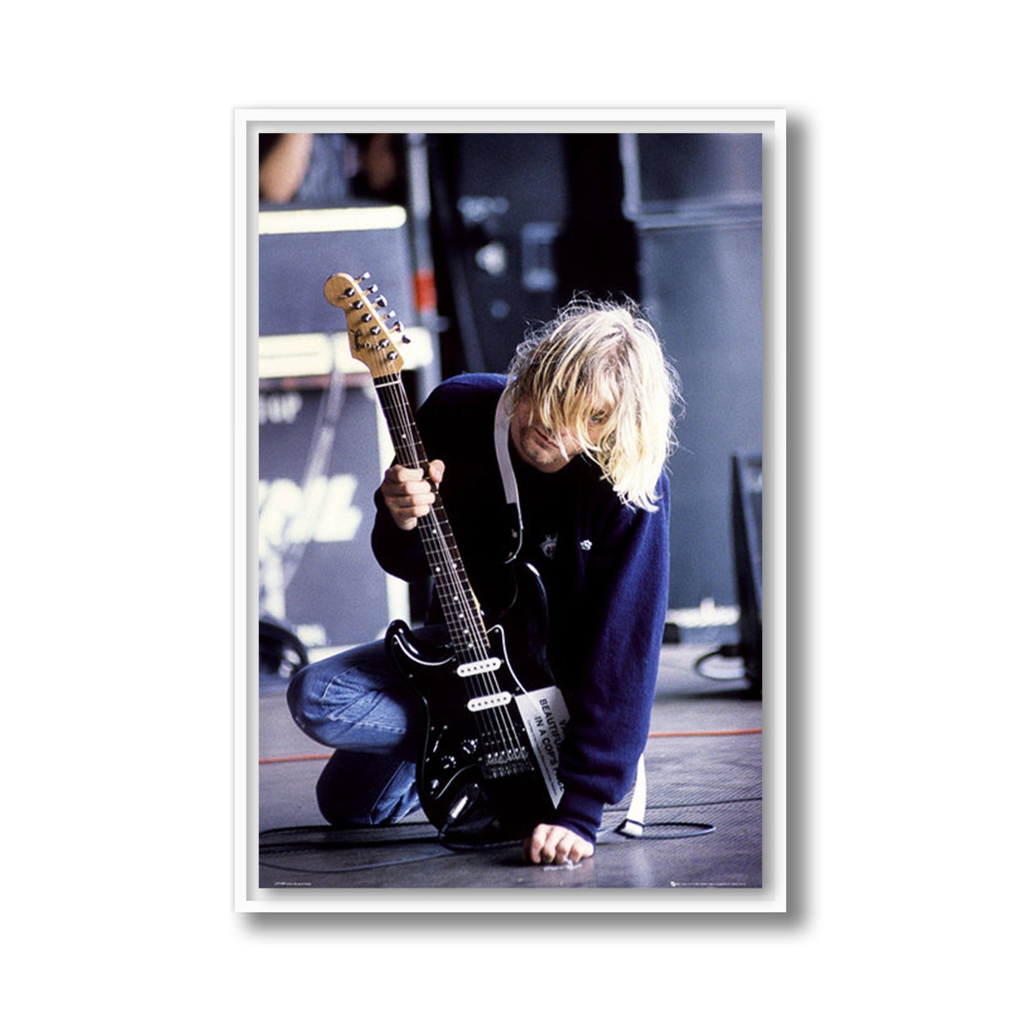 Curt Cobain Kneeling With Guitar Framed Poster