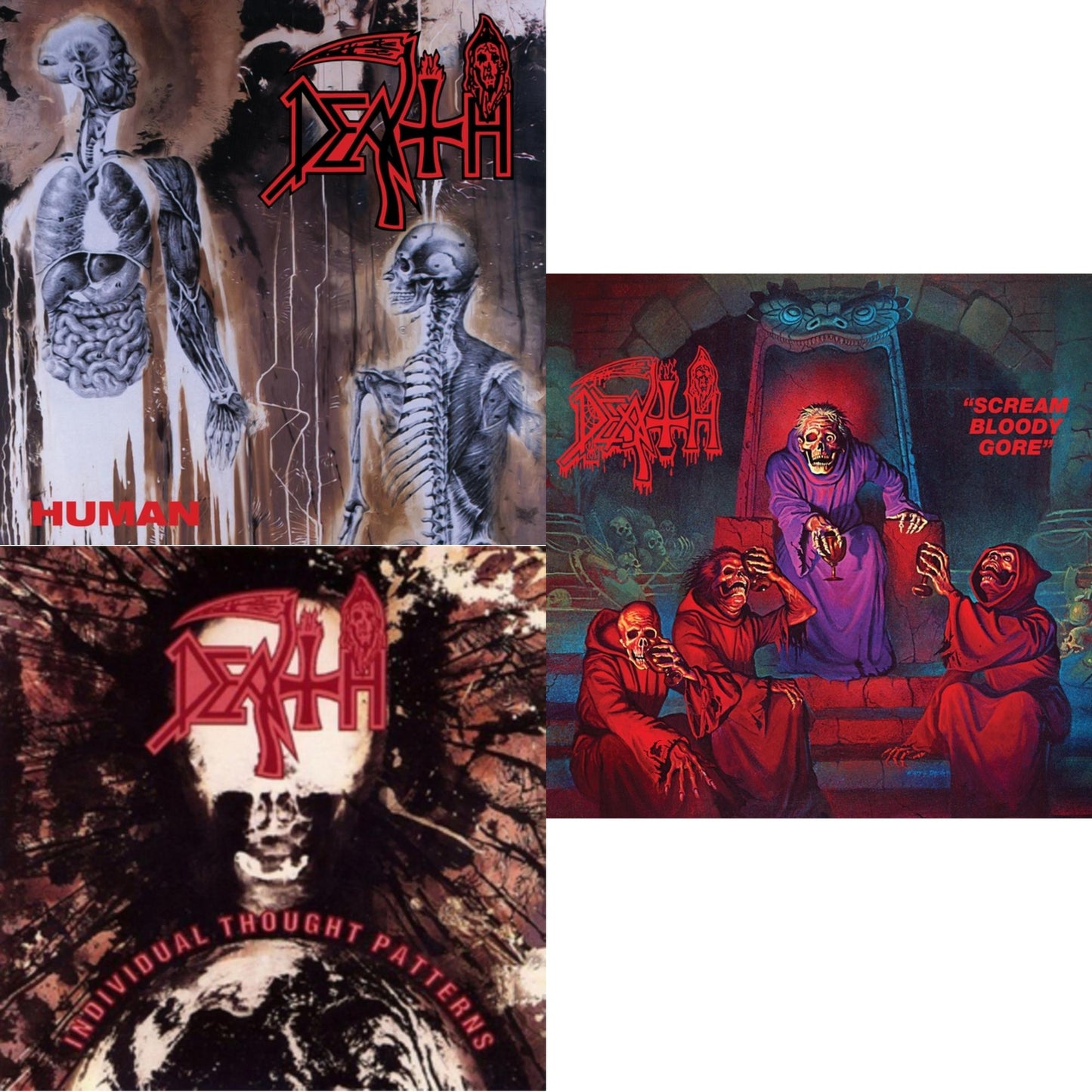 Death - Scream Bloody Gore (Neon Violet, Bone White & Red Tri Color Merge With Splatter LP Vinyl) & Human (Bone White, Blue Jay & Gold Tri Color Merge With Splatter LP Vinyl) & Individual Thought Patterns - Reissue