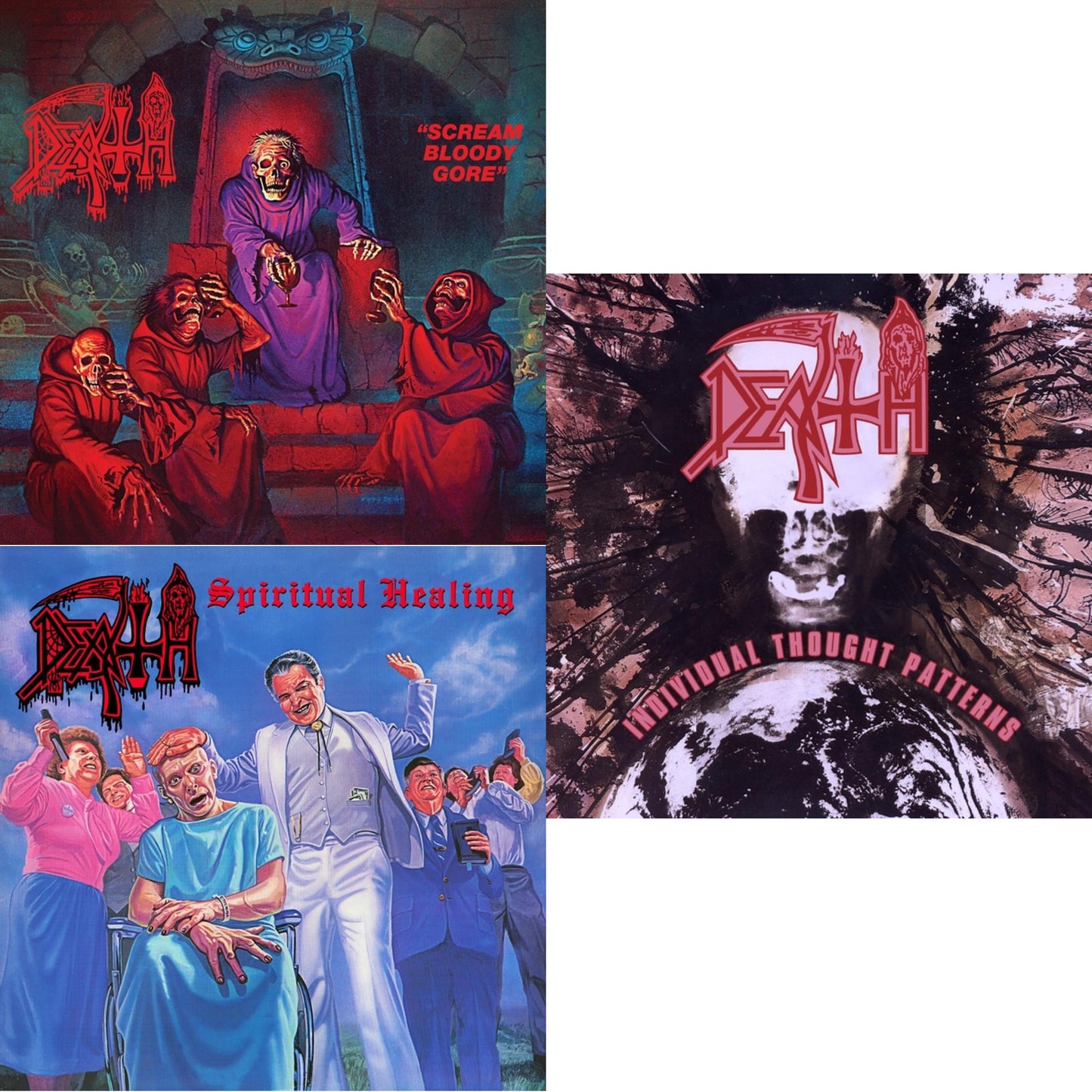 Death - Scream Bloody Gore (Neon Violet, Bone White & Red Tri Color Merge With Splatter LP Vinyl) & Spiritual Healing - Reissue (Red, Cyan Blue & Black Tri Color Merge With Splatter LP Vinyl) & Individual Thought Patterns - Reissue (Hot Pink, Bone