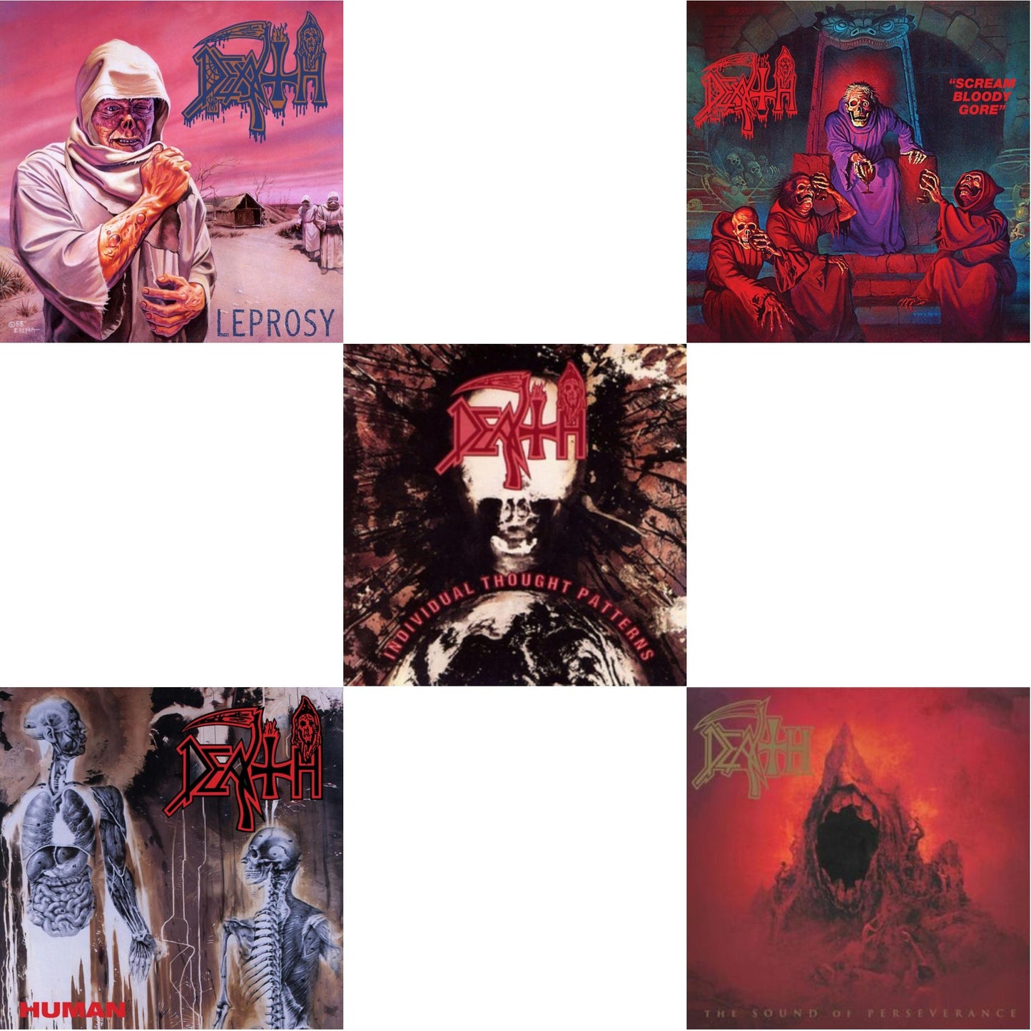 Death - Leprosy (Reissue) & Human (Remastered Reissue) & Individual Thought Patterns - Reissue & Scream Bloody Gore (Reissue) & Sound Of Perseverance (Black, Red & Gold Tri Color Merge Withsplatter Vinyl/2LP)