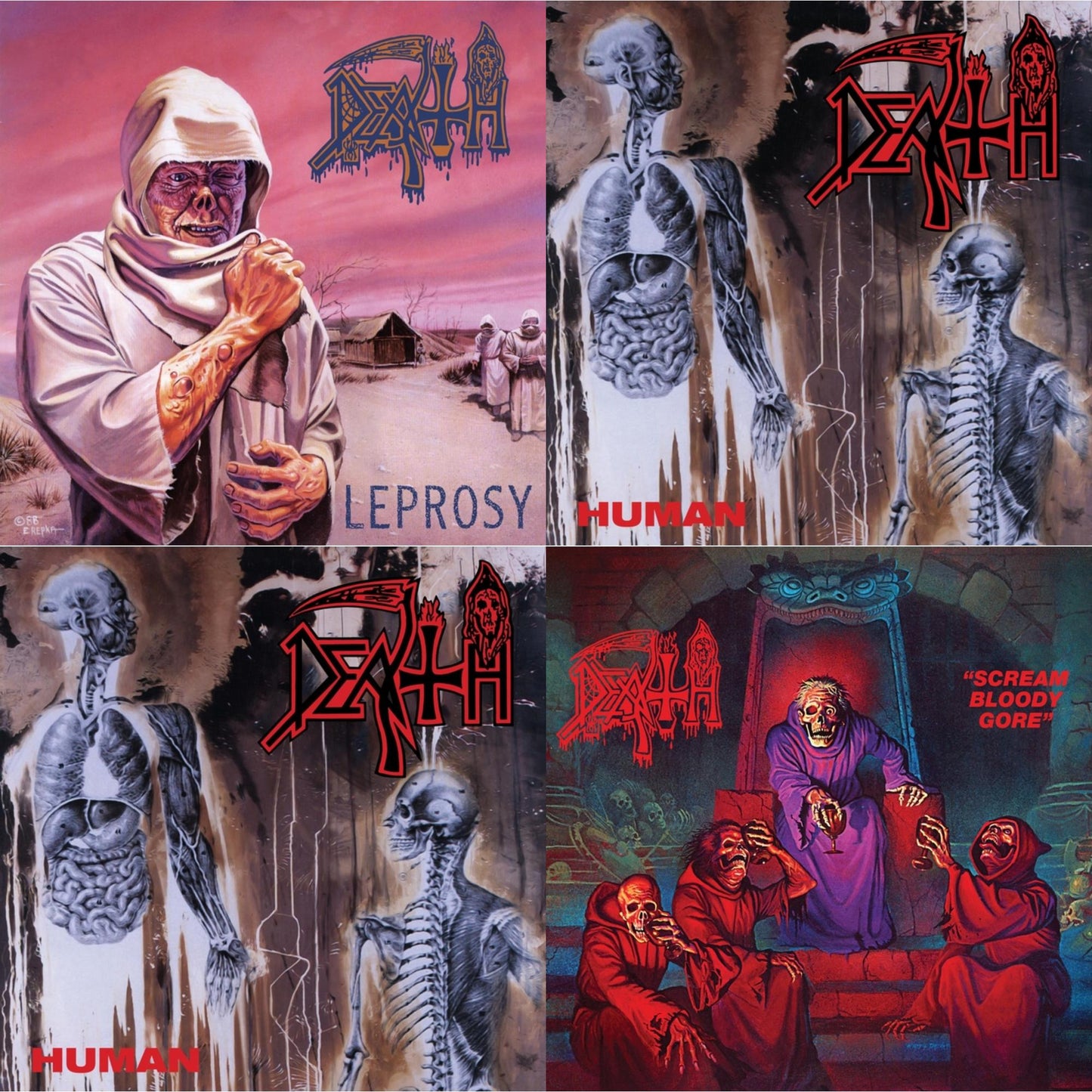 Death - Leprosy Reissue (Hot Pink, Bone White & Blue Jay Tri Color Merge With Splatter LP Vinyl) & Human (Bone White, Blue Jay & Gold Tri Color Merge With Splatter LP Vinyl) & Human (Remastered Reissue) & Scream Bloody Gore (Reissue)