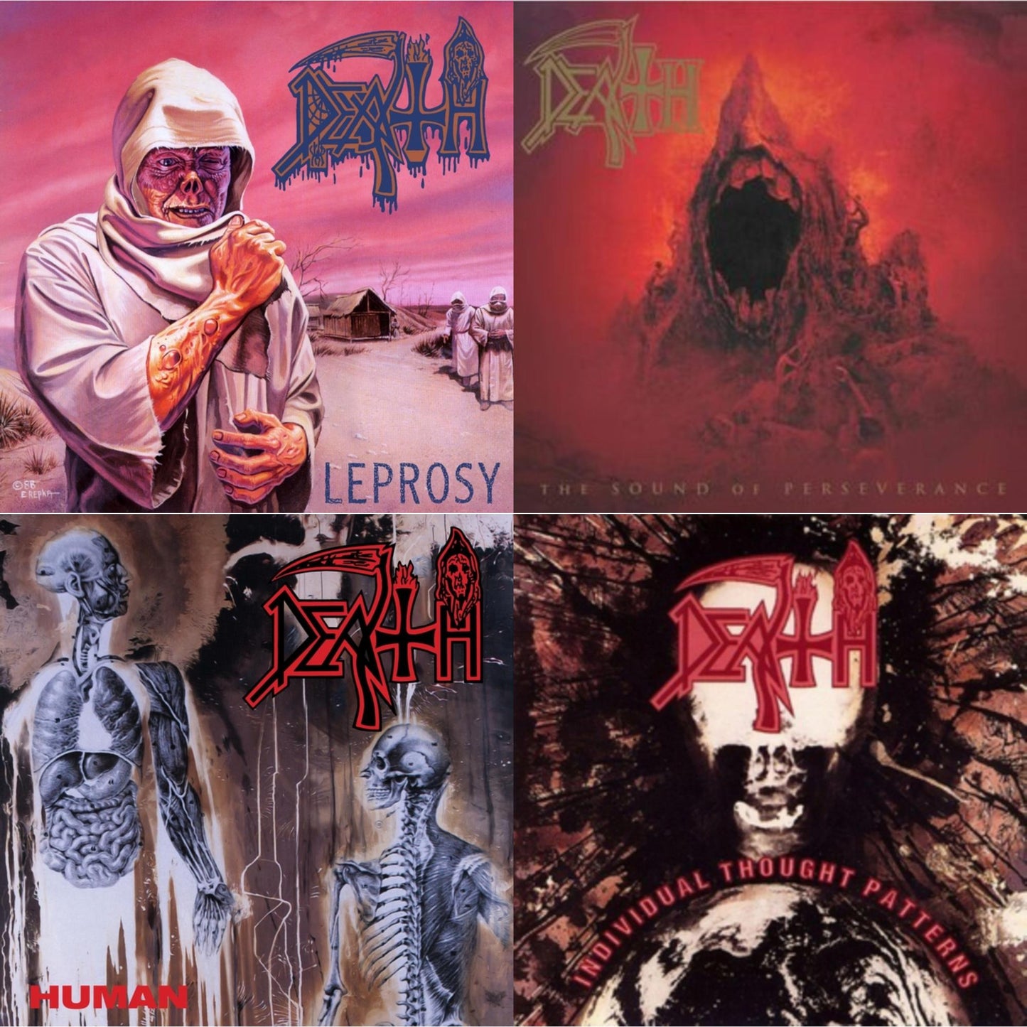 Death - Leprosy (Reissue) & Sound Of Perseverance (Black, Red & Gold Tri Color Merge Withsplatter Vinyl/2LP) & Human (Remastered Reissue) & Individual Thought Patterns - Reissue