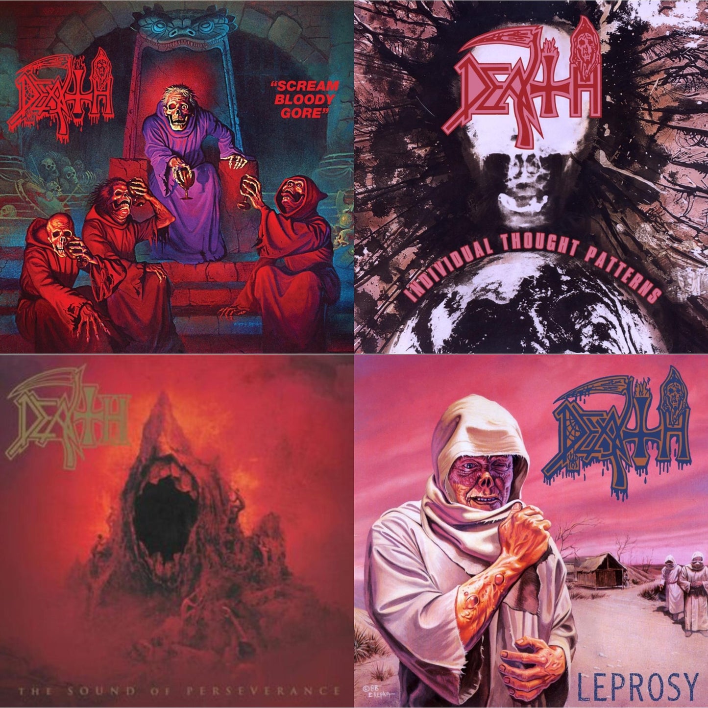 Death - Scream Bloody Gore (Neon Violet, Bone White & Red Tri Color Merge With Splatter LP Vinyl) & Individual Thought Patterns - Reissue (Hot Pink, Bone White & Red Tri Color Merge W/ Splatter LP Vinyl) & Sound Of Perseverance (Black, Red & Gold