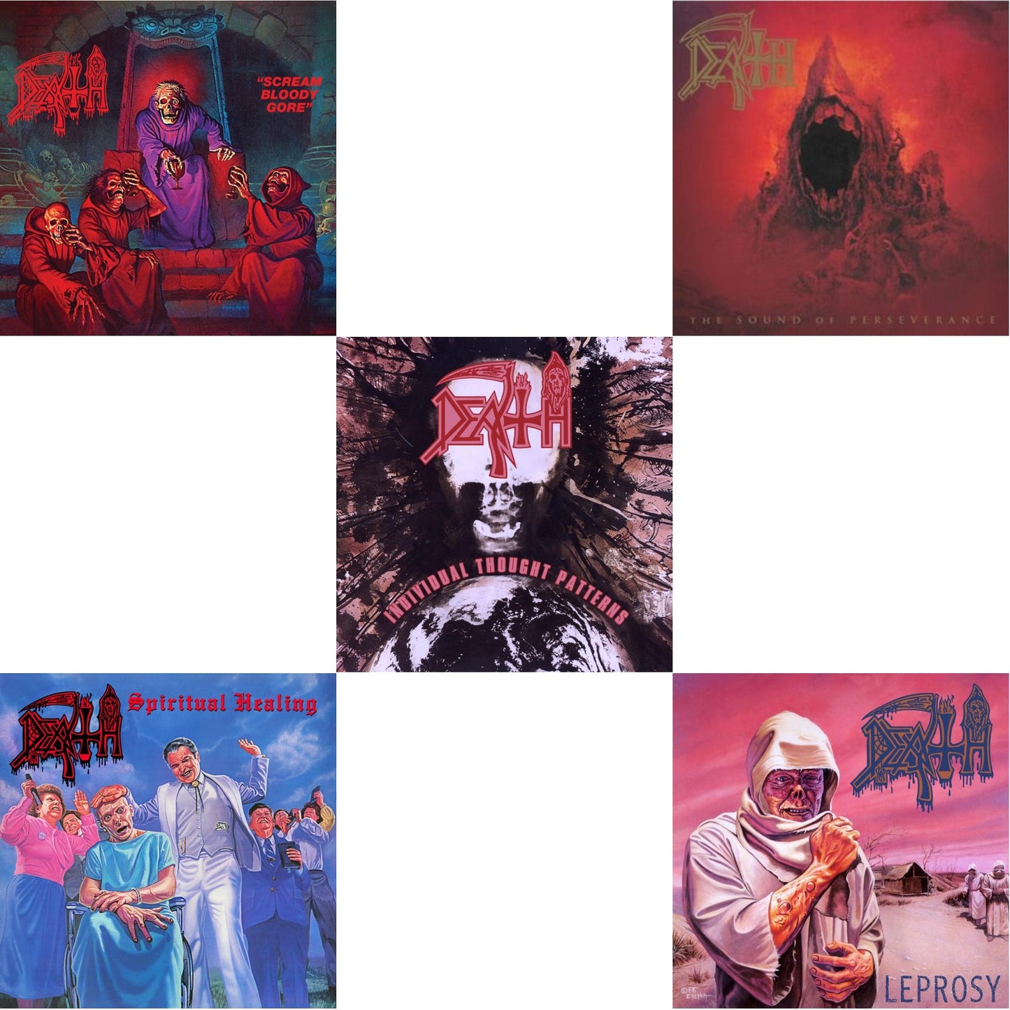 Death - Scream Bloody Gore (Neon Violet, Bone White & Red Tri Color Merge With Splatter LP Vinyl) & Spiritual Healing - Reissue (Red, Cyan Blue & Black Tri Color Merge With Splatter LP Vinyl) & Individual Thought Patterns - Reissue (Hot Pink, Bone
