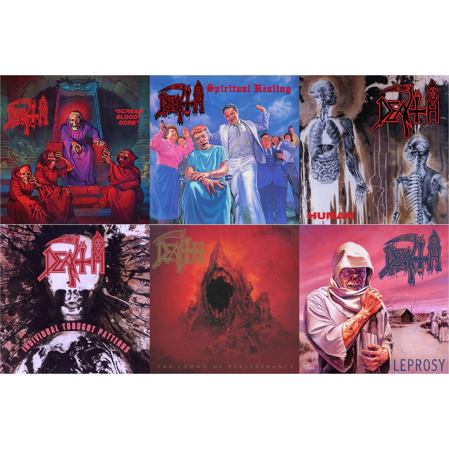 Death - Scream Bloody Gore (Neon Violet, Bone White & Red Tri Color Merge With Splatter LP Vinyl) & Spiritual Healing - Reissue (Red, Cyan Blue & Black Tri Color Merge With Splatter LP Vinyl) & Human (Bone White, Blue Jay & Gold Tri Color Merge With
