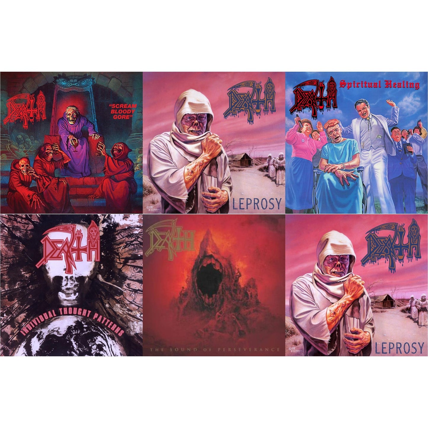Death - Scream Bloody Gore (Neon Violet, Bone White & Red Tri Color Merge With Splatter LP Vinyl) & Leprosy Reissue (Hot Pink, Bone White & Blue Jay Tri Color Merge With Splatter LP Vinyl) & Spiritual Healing - Reissue (Red, Cyan Blue & Black Tri
