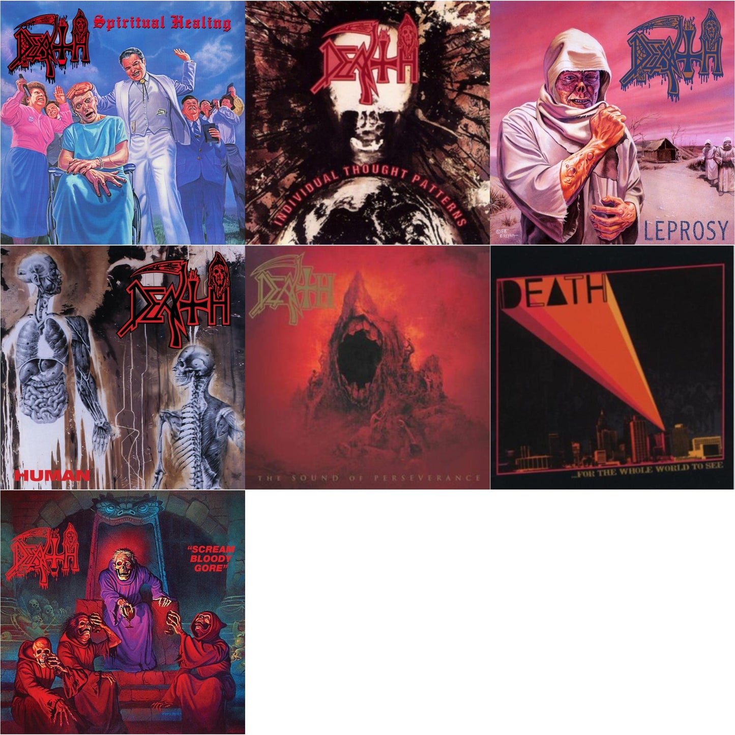 Death - For The Whole World To See & Human (Bone White, Blue Jay & Gold Tri Color Merge With Splatter LP Vinyl) & Sound Of Perseverance (Black, Red & Gold Tri Color Merge Withsplatter Vinyl/2LP) & Individual Thought Patterns - Reissue & Spiritual