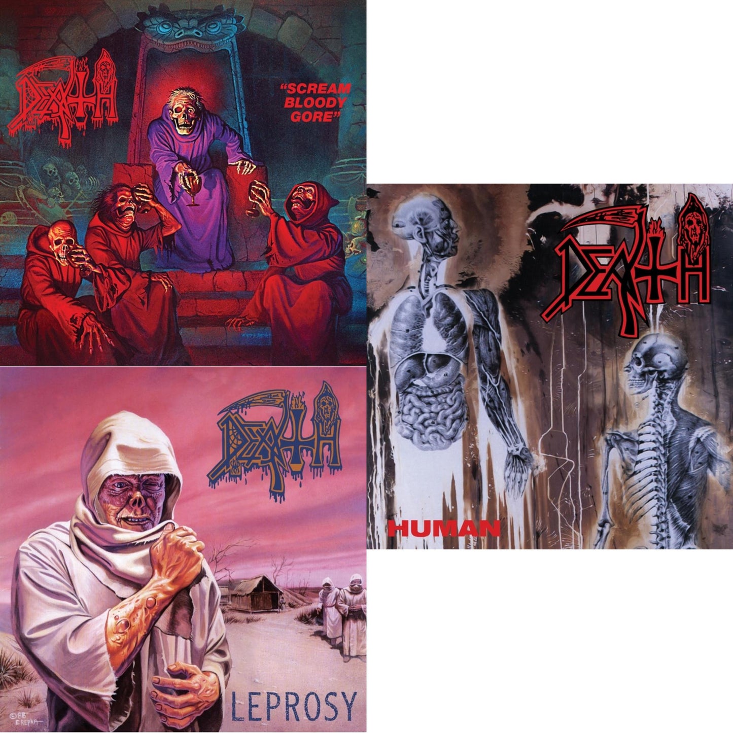 Death - Scream Bloody Gore (Neon Violet, Bone White & Red Tri Color Merge With Splatter LP Vinyl) & Leprosy Reissue (Hot Pink, Bone White & Blue Jay Tri Color Merge With Splatter LP Vinyl) & Human (Bone White, Blue Jay & Gold Tri Color Merge With
