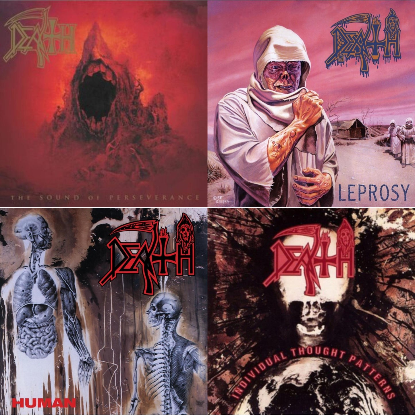 Death - Leprosy Reissue (Hot Pink, Bone White & Blue Jay Tri Color Merge With Splatter LP Vinyl) & Human (Bone White, Blue Jay & Gold Tri Color Merge With Splatter LP Vinyl) & Sound Of Perseverance (Black, Red & Gold Tri Color Merge Withsplatter
