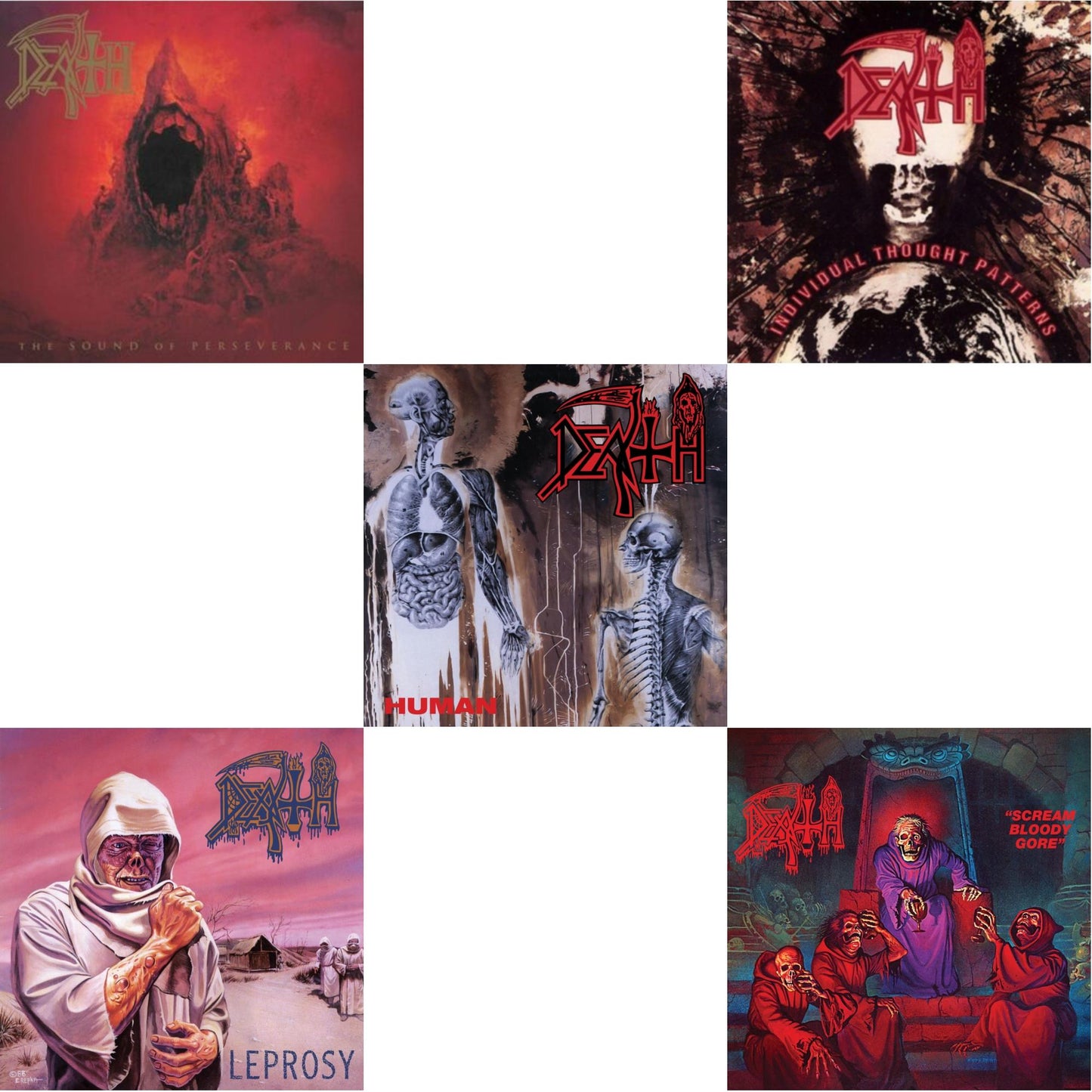 Death - Scream Bloody Gore (Neon Violet, Bone White & Red Tri Color Merge With Splatter LP Vinyl) & Leprosy Reissue (Hot Pink, Bone White & Blue Jay Tri Color Merge With Splatter LP Vinyl) & Human (Bone White, Blue Jay & Gold Tri Color Merge With