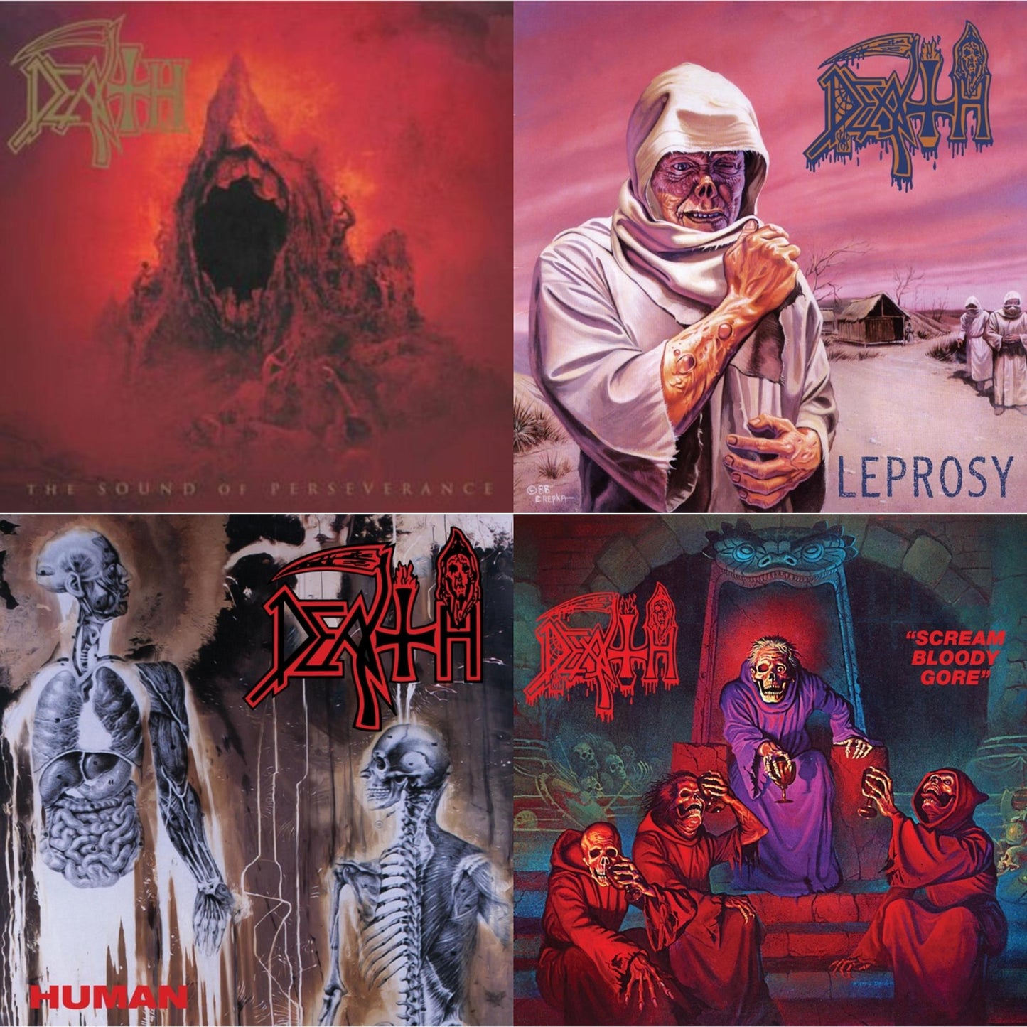 Death - Scream Bloody Gore (Neon Violet, Bone White & Red Tri Color Merge With Splatter LP Vinyl) & Leprosy Reissue (Hot Pink, Bone White & Blue Jay Tri Color Merge With Splatter LP Vinyl) & Human (Bone White, Blue Jay & Gold Tri Color Merge With