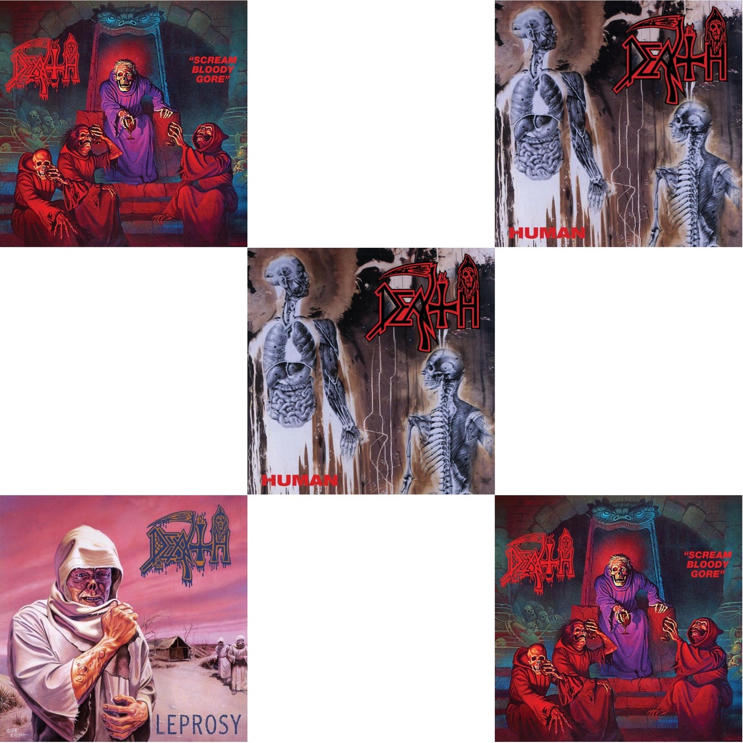 Death - Scream Bloody Gore (Neon Violet, Bone White & Red Tri Color Merge With Splatter LP Vinyl) & Leprosy Reissue (Hot Pink, Bone White & Blue Jay Tri Color Merge With Splatter LP Vinyl) & Human (Bone White, Blue Jay & Gold Tri Color Merge With