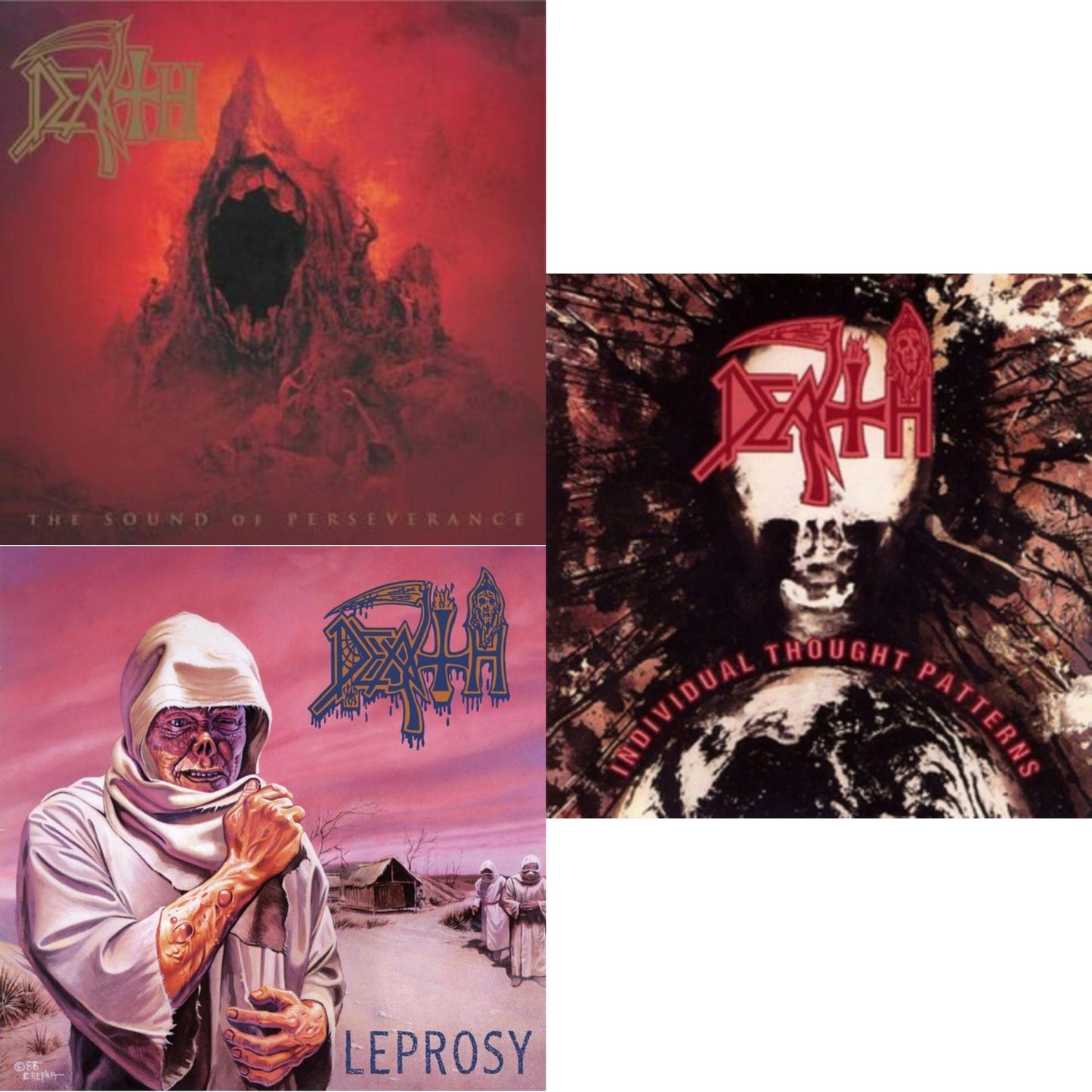 Death - Leprosy Reissue (Hot Pink, Bone White & Blue Jay Tri Color Merge With Splatter LP Vinyl) & Sound Of Perseverance (Black, Red & Gold Tri Color Merge Withsplatter Vinyl/2LP) & Individual Thought Patterns - Reissue