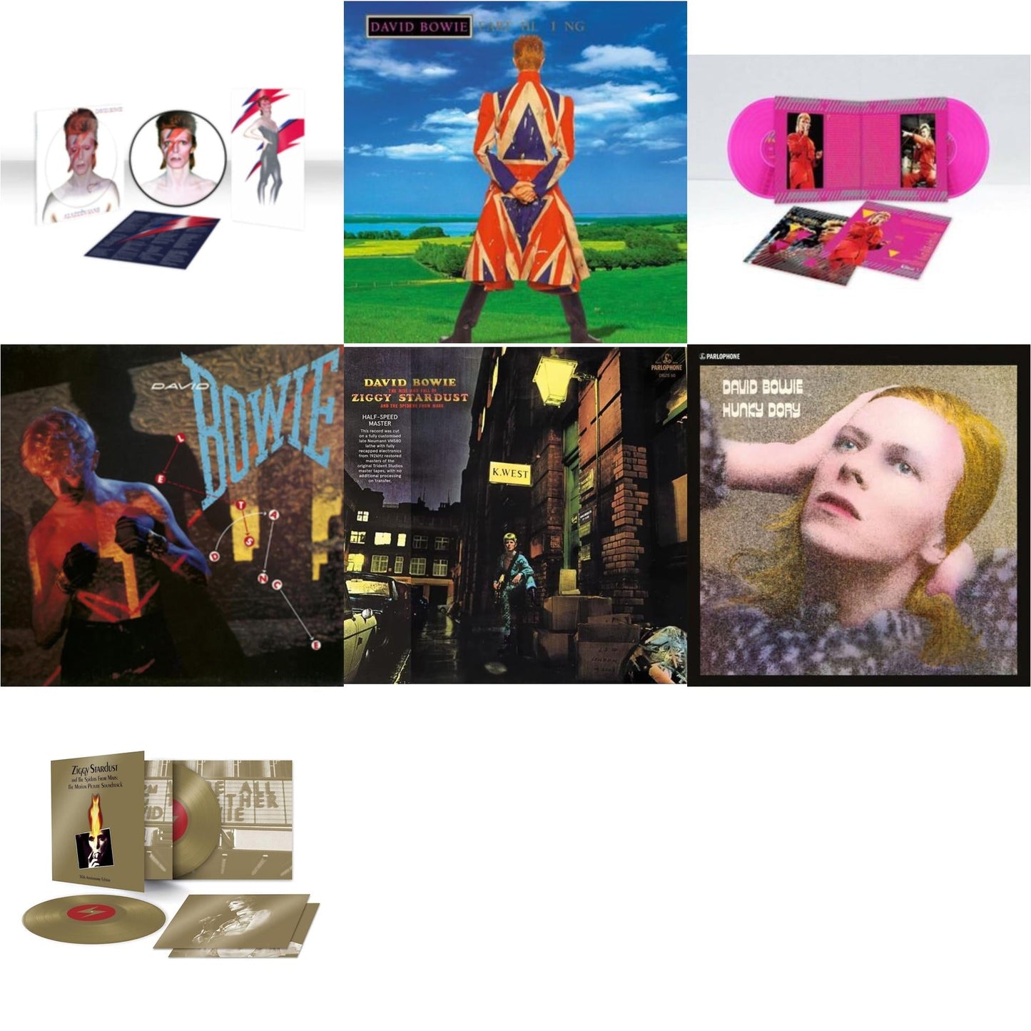 David Bowie - Earthling (2021 Remaster/2LP) & Let's Dance (2018 Remastered Version) & Rise & Fall Of Ziggy Stardust & The Spiders From Mars (2012 Remaster/Half-Speed Master) & Montreal '87 (Limited/Pink LP Vinyl) & Aladdin Sane (2013 Remaster)