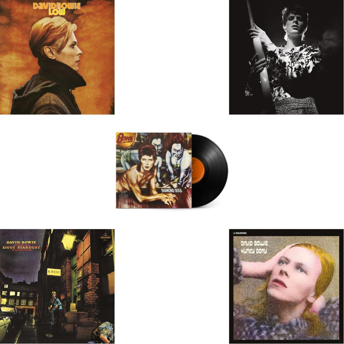 David Bowie - Low (2017 Remaster) & Rock N Roll Star & Diamond Dogs (50Th Anniversary Half Speed Master) & Rise & Fall Of Ziggy Stardust (2012 Remaster) & Hunky Dory - LP Vinyl Bundle