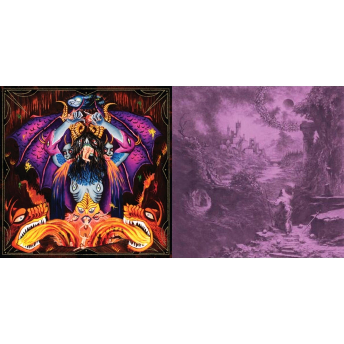 Devil Master - Satan Spits On Children Of Light (Neon Violet W/ Orange, Mustard Yellow & Cyan Blue Splatter LP Vinyl) & Ecstasies Of Never Ending Night (Black Ice With Violet, Hot Pink & Baby Pink Splatter LP Vinyl)