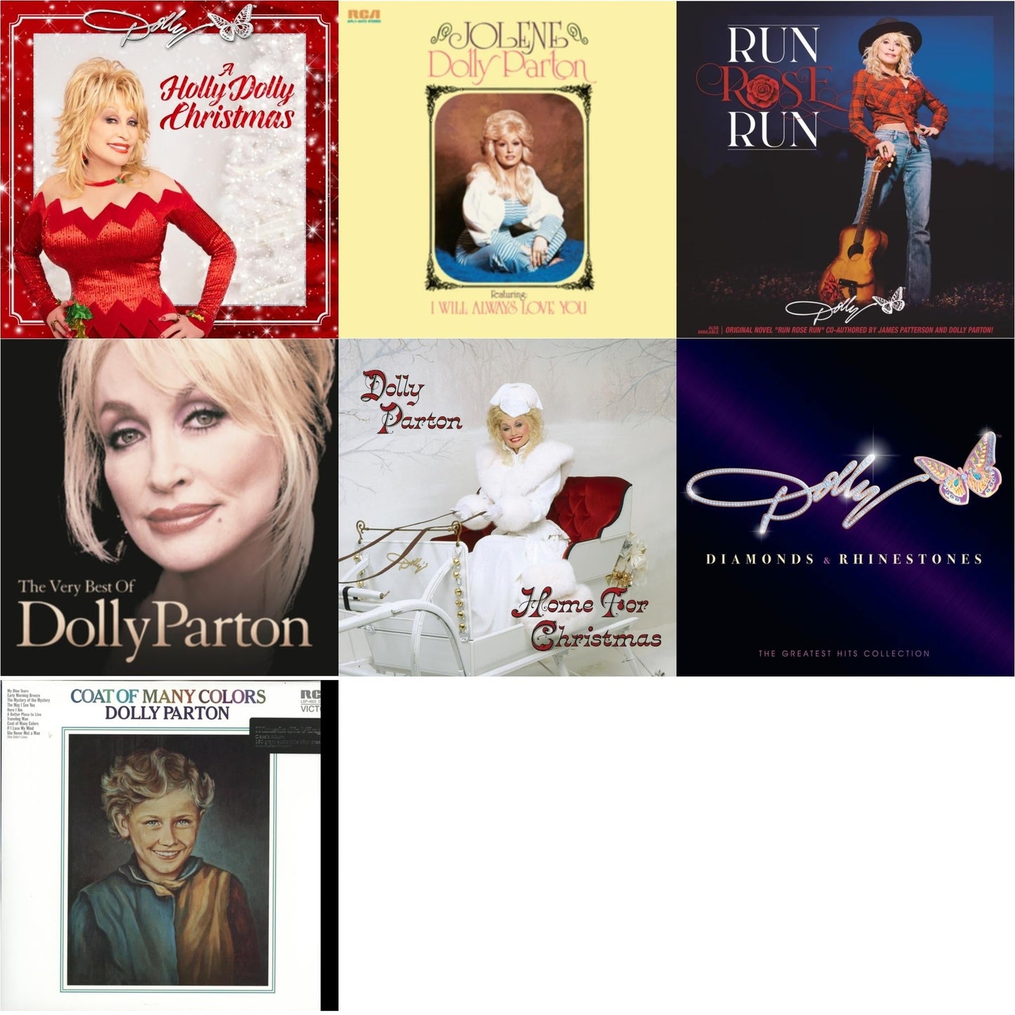 Dolly Parton - Holly Dolly Christmas (Opaque Red LP Vinyl) & Jolene (140G/Dl Insert) & Run Rose Run & Very Best Of Dolly Parton (2LP) & Home For Christmas (140G) & Diamonds & Rhinestones: The Greatest Hits Collection (2LP) & Coat Of Many Colors