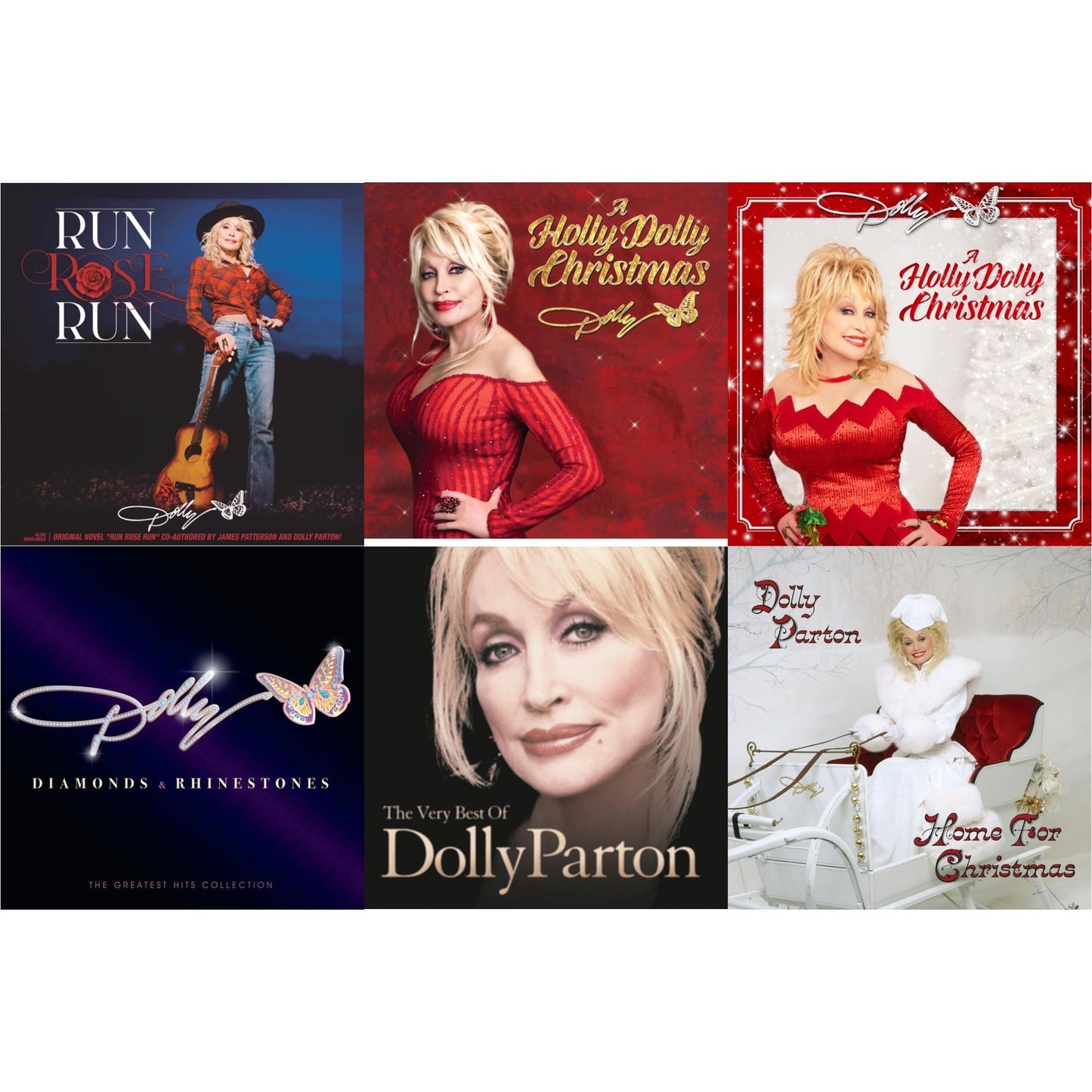 Dolly Parton - Run Rose Run & Holly Dolly Christmas (Ultimate Deluxe Edition) & Holly Dolly Christmas (Opaque Red LP Vinyl) & Diamonds & Rhinestones: The Greatest Hits Collection (2LP) & Very Best Of Dolly Parton (2LP) & Home For Christmas (140G)
