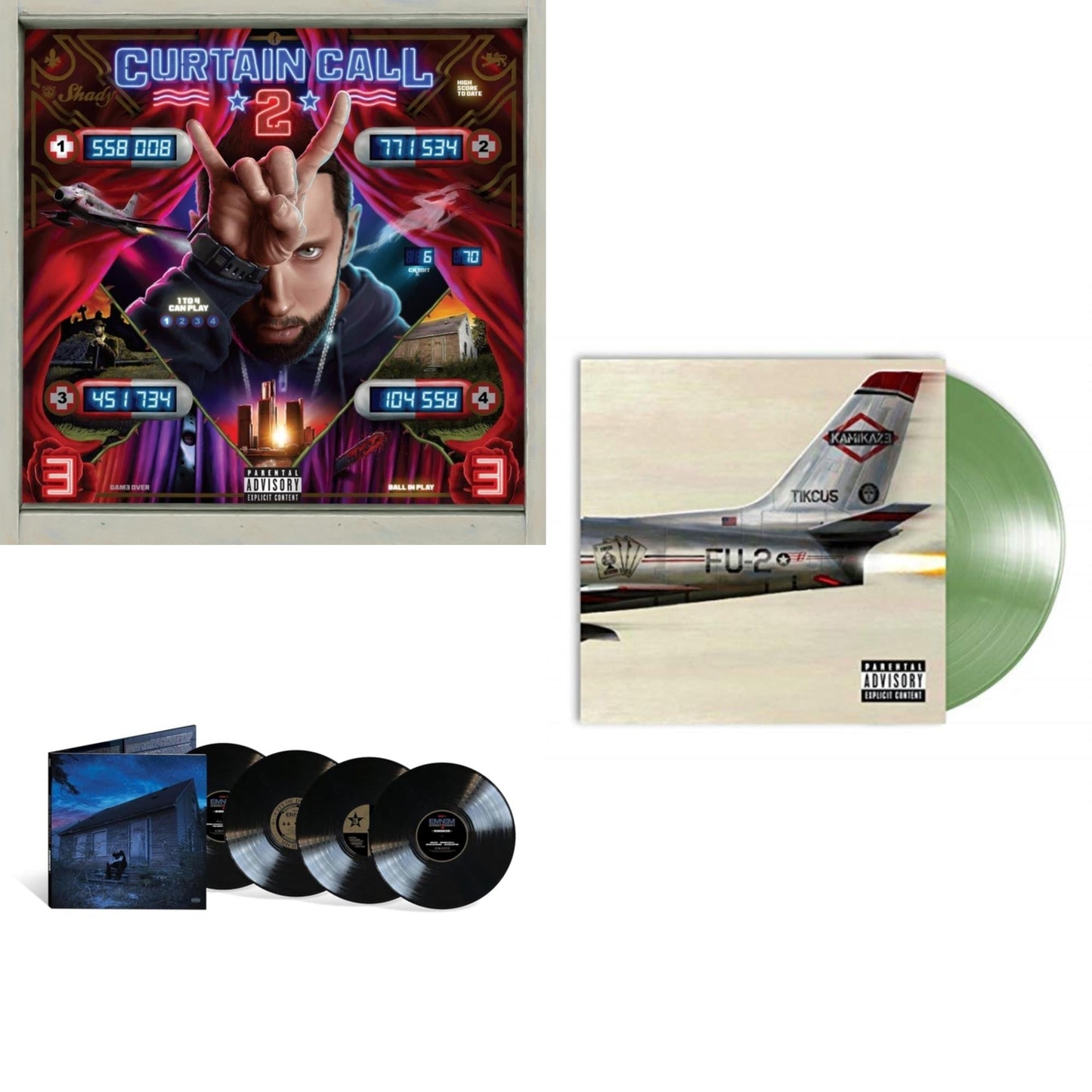 Eminem - Curtain Call 2 (2LP) & Marshall Mathers LP2 (10Th Anniversary Edition) (Expanded Deluxe/4LP) & Kamikaze (Opaque Olive Green LP Vinyl/Gatefold Jacket)
