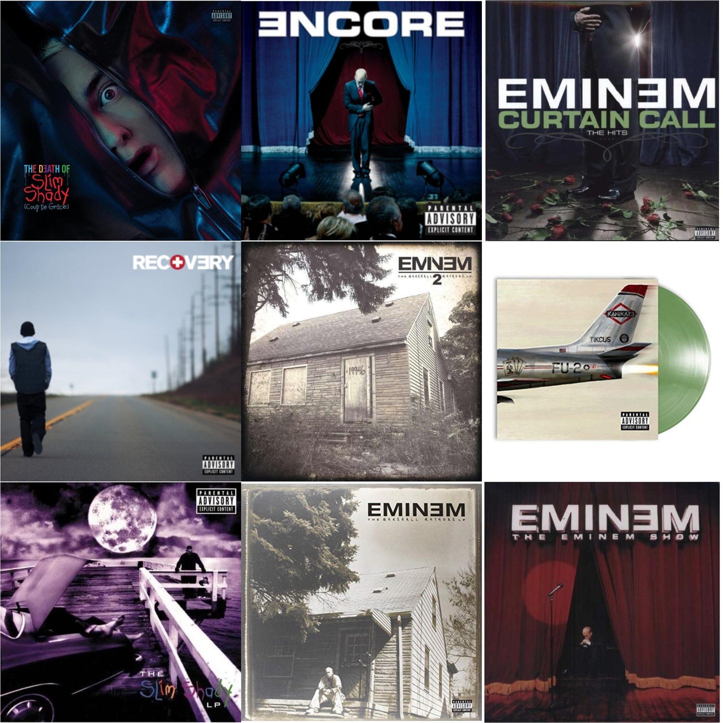 Eminem - Death Of Slim Shady (Coup De Grace) (X) (Red/Blue Vinyl/2LP) & Encore & Curtain Call: Hits & Recovery & Marshall Mathers LP 2 & Kamikaze (Opaque Olive Green LP Vinyl/Gatefold Jacket) & Slim Shady LP & Marshall Mathers LP & Eminem Show