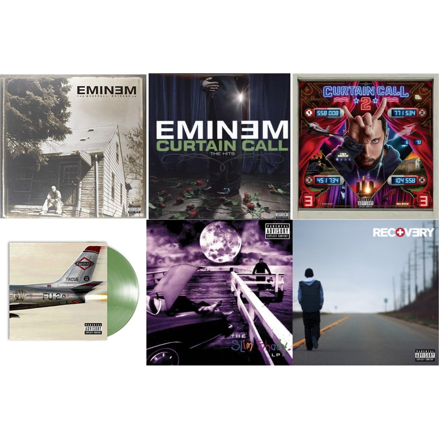 Eminem - Curtain Call 2 (2LP) & Curtain Call: Hits & Recovery & Kamikaze (Opaque Olive Green LP Vinyl/Gatefold Jacket) & Slim Shady LP & Marshall Mathers LP