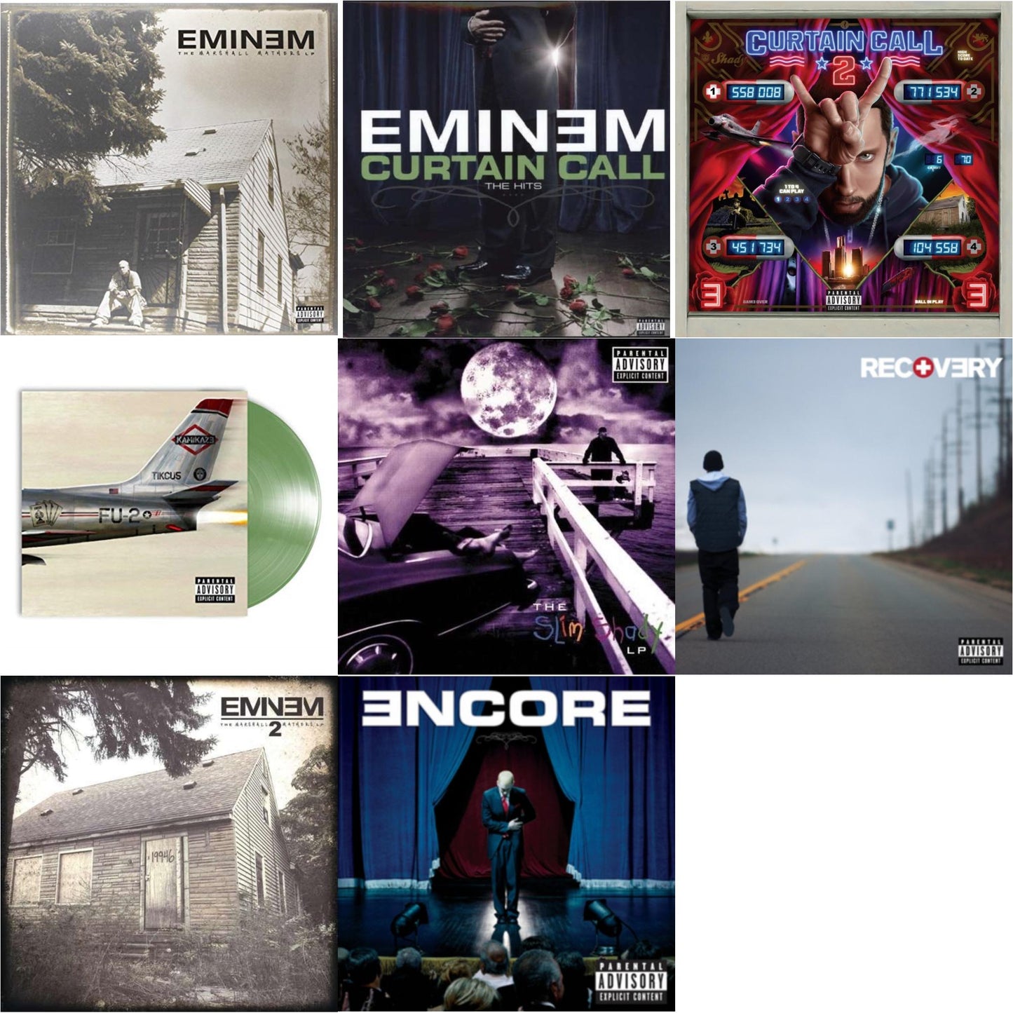 Eminem - Curtain Call 2 (2LP) & Encore & Curtain Call: Hits & Recovery & Marshall Mathers LP 2 & Kamikaze (Opaque Olive Green LP Vinyl/Gatefold Jacket) & Slim Shady LP & Marshall Mathers LP