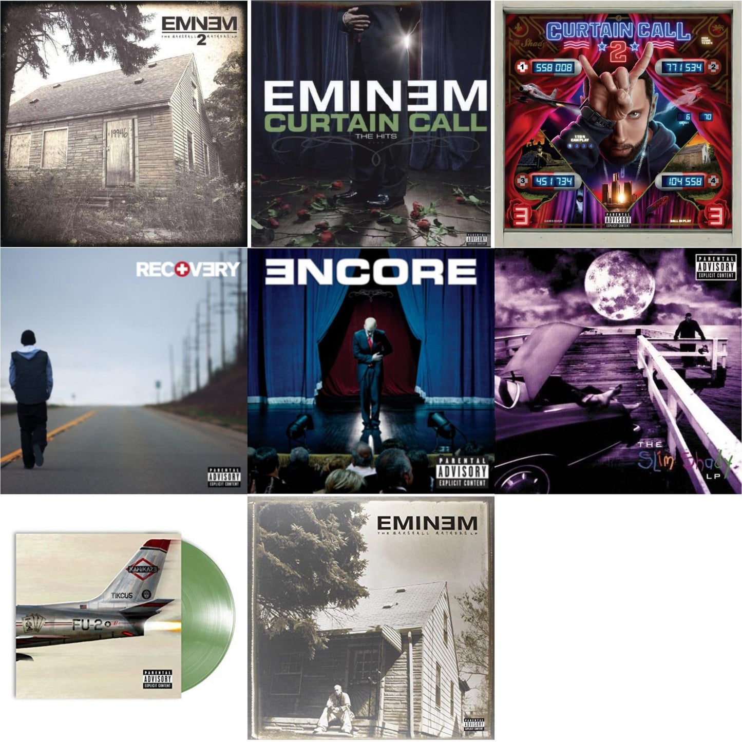 Eminem - Curtain Call 2 (2LP) & Encore & Curtain Call: Hits & Recovery & Marshall Mathers LP 2 & Kamikaze (Opaque Olive Green LP Vinyl/Gatefold Jacket) & Slim Shady LP & Marshall Mathers LP