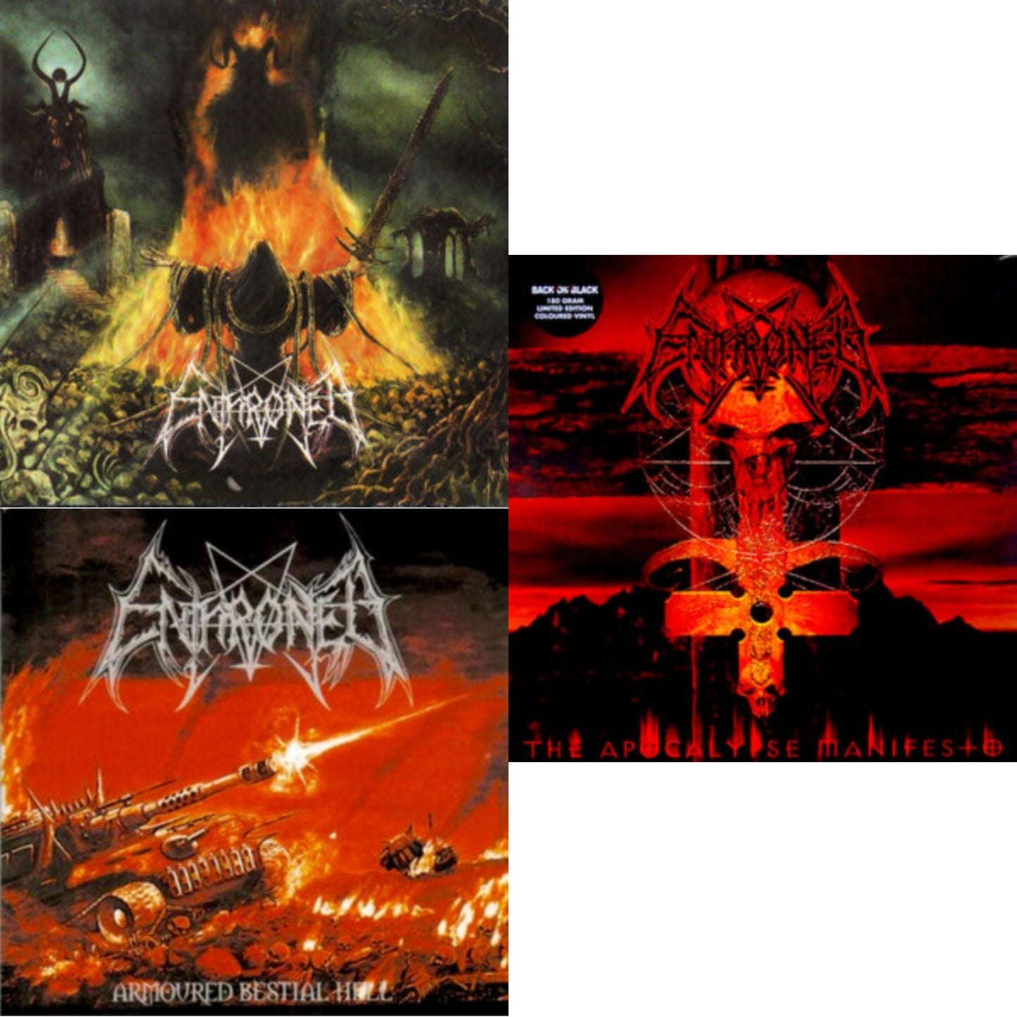 Enthroned - Prophecies Of Pagen Fire (2LP/Clear Vinyl With Red/Yellow/Black Splatter Vinyl) & Armoured Bestial Hell (Clear LP Vinyl With Red/Orange/White Splatter LP Vinyl) & Apocolypse Manifesto (Clear LP Vinyl With Red/Orange/Grey Splatter LP
