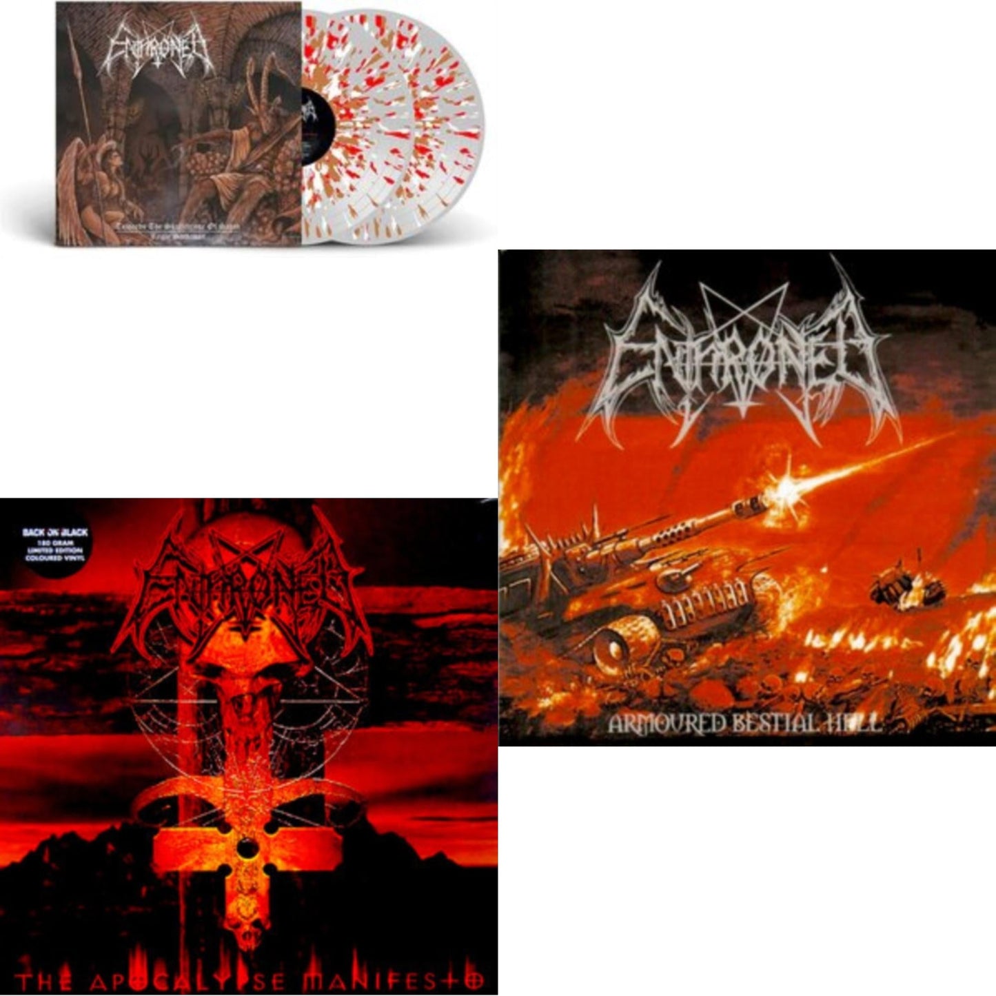 Enthroned - Towards The Skullthrone / Regie Sathanas (Clear LP Vinyl With Brown/Red/White Splatter LP Vinyl) & Apocolypse Manifesto (Clear LP Vinyl With Red/Orange/Grey Splatter LP Vinyl) & Armoured Bestial Hell (Clear LP Vinyl With Red/Orange/White