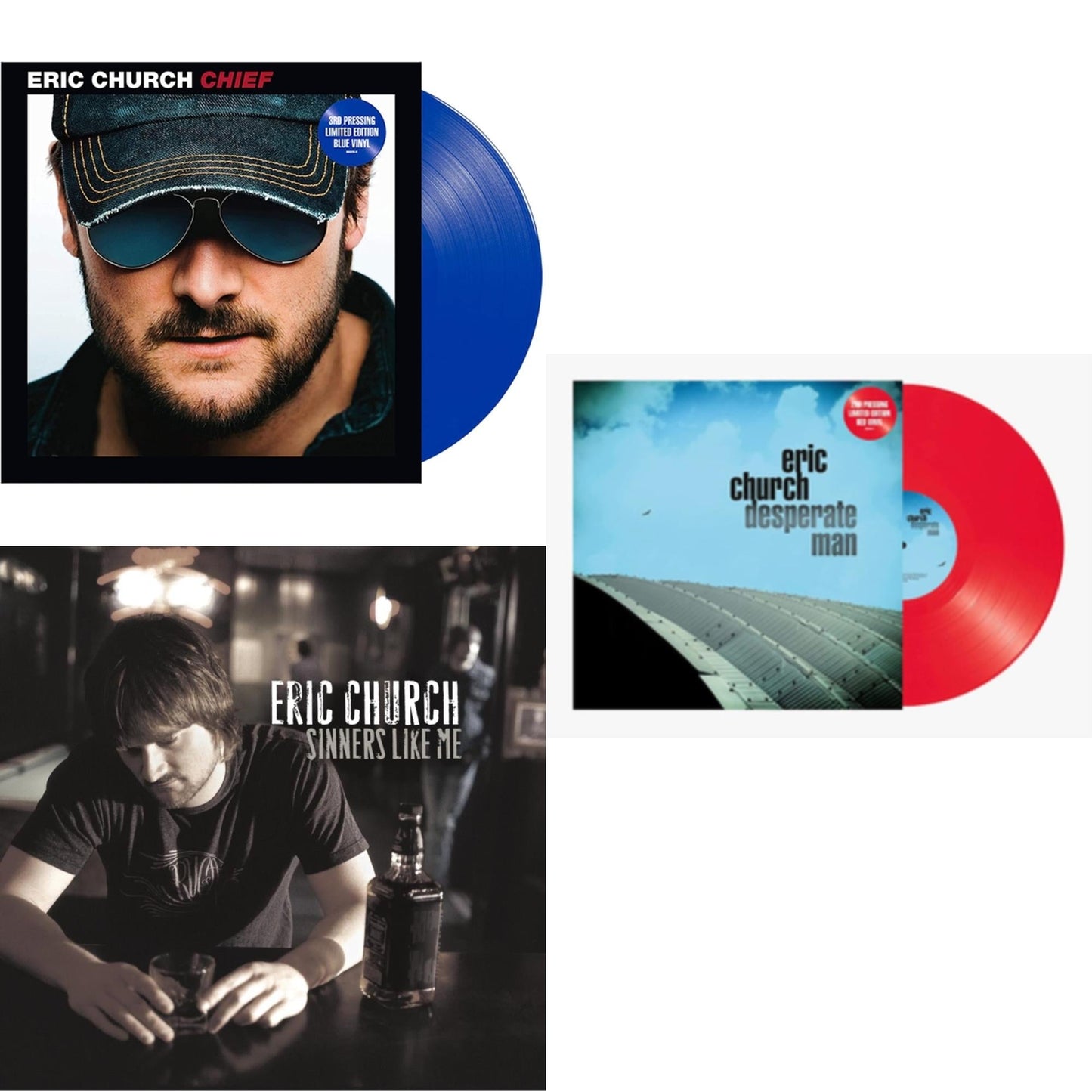 Eric Church - Chief (Blue LP Vinyl) & Sinners Like Me (Blue LP Vinyl) & Desperate Man (Red LP Vinyl)