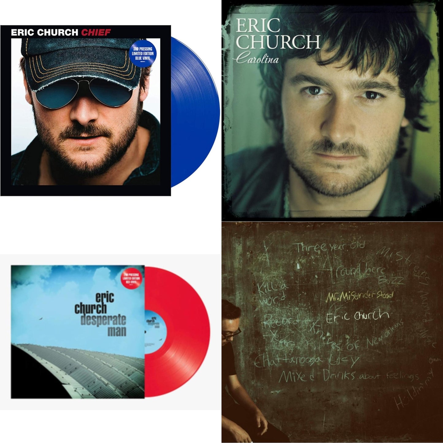 Eric Church - Chief (Blue LP Vinyl) & Carolina (Clear LP Vinyl) & Desperate Man (Red LP Vinyl) & Mr. Misunderstood (Blue LP Vinyl)