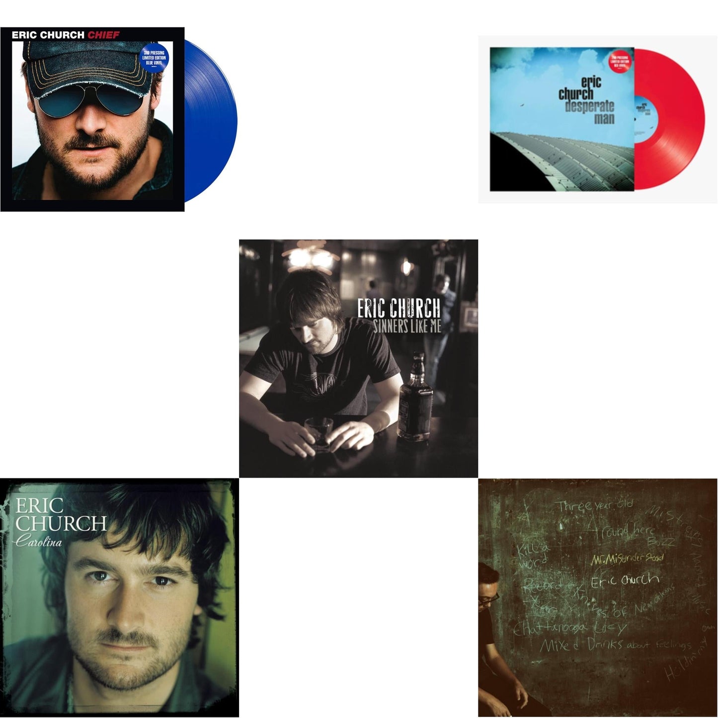 Eric Church - Chief (Blue LP Vinyl) & Carolina (Clear LP Vinyl) & Sinners Like Me (Blue LP Vinyl) & Desperate Man (Red LP Vinyl) & Mr. Misunderstood (Blue LP Vinyl)