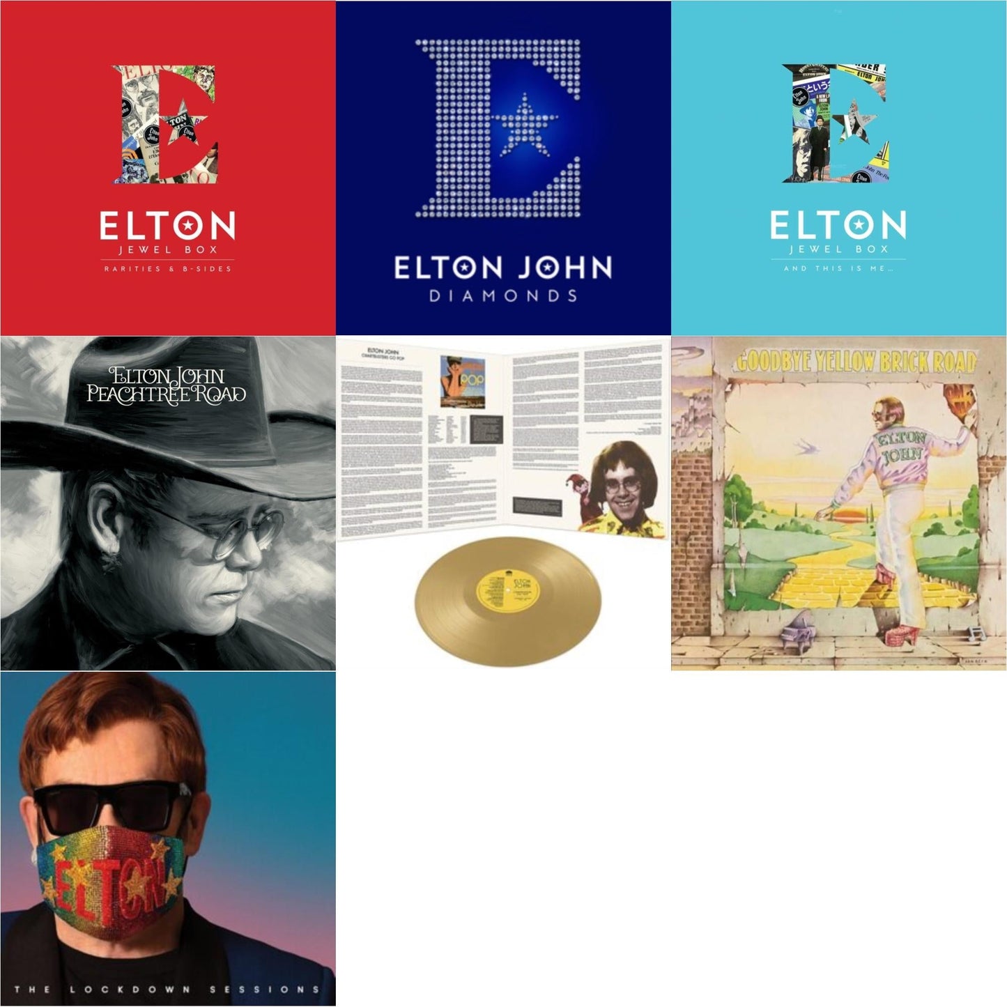 Elton John - Jewel Box (3LP - Rarities & B-Sides) & Diamonds (2LP) & Jewel Box (2LP - And This Is Me) & Peachtree Road (2LP) & Chartbusters Go Pop - Legendary Covers '69 / '70 (Gold LP Vinyl) & Goodbye Yellow Brick Road & Lockdown Sessions (Blue