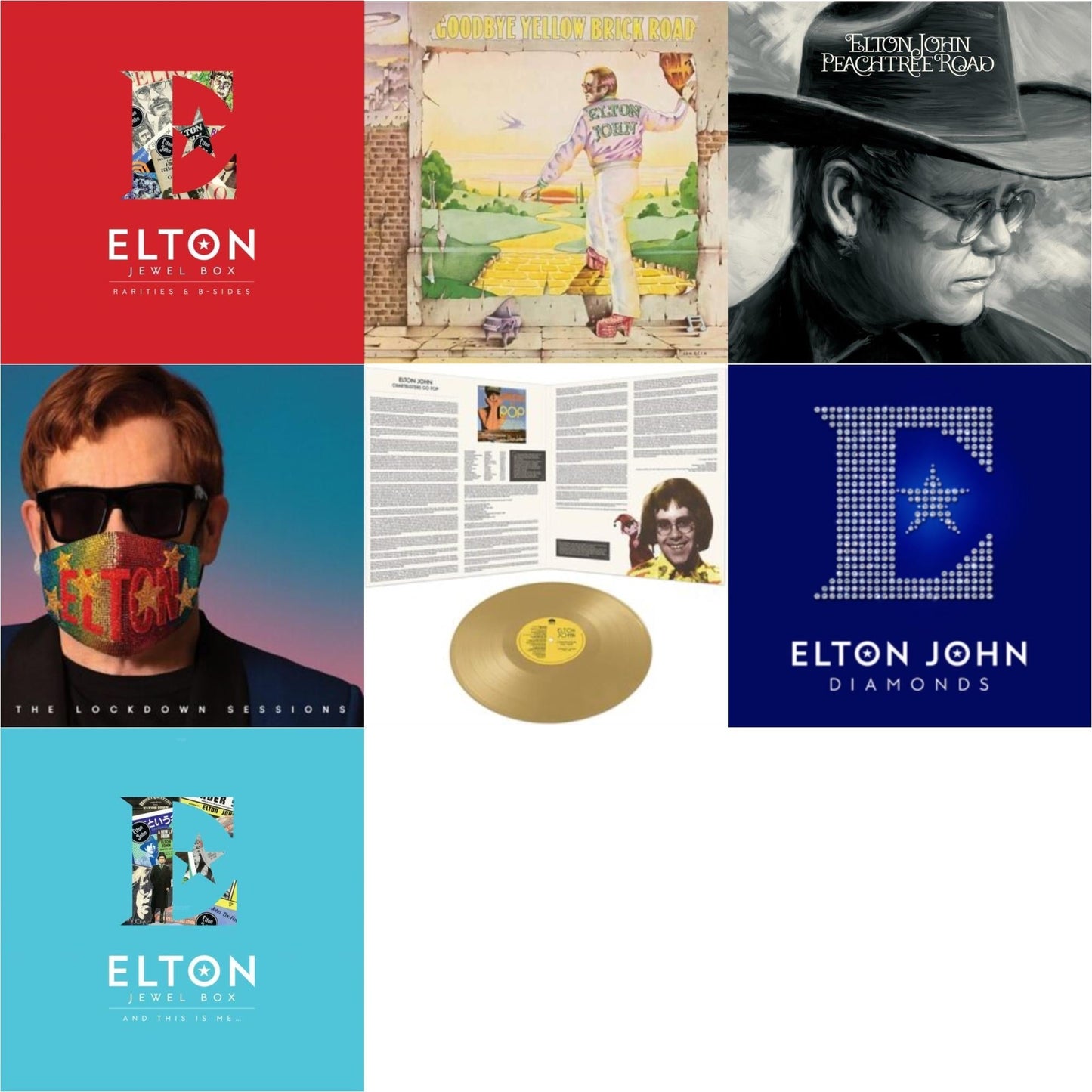 Elton John - Jewel Box (3LP - Rarities & B-Sides) & Goodbye Yellow Brick Road & Peachtree Road (2LP) & Lockdown Sessions (Blue Vinyl/2LP) (X) & Chartbusters Go Pop - Legendary Covers '69 / '70 (Gold LP Vinyl) & Diamonds (2LP) & Jewel Box (2LP - And