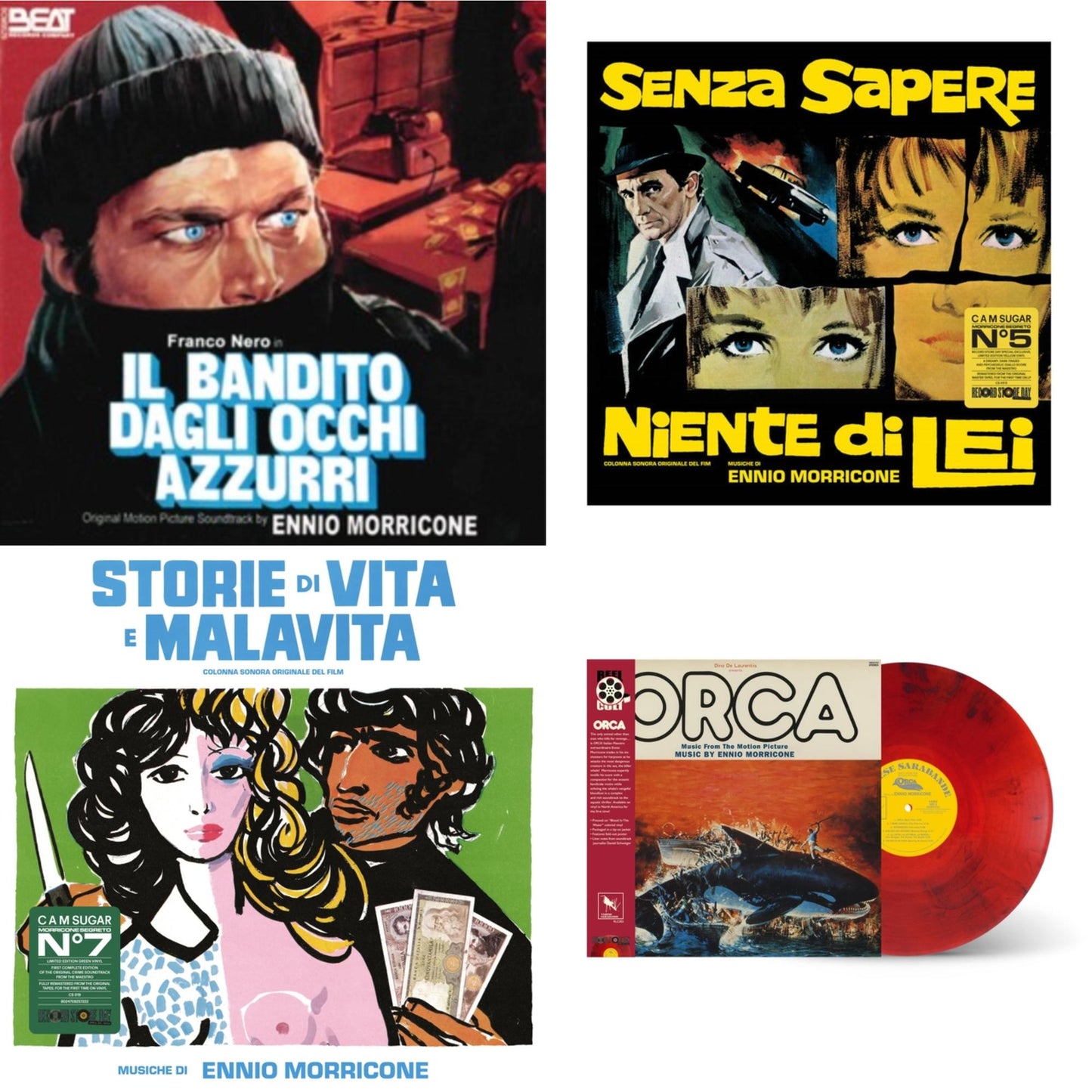 Ennio Morricone - Blue-Eyed Bandit (Il Bandito Dagli Occhi Azzurri) Ost & Senza Sapere Niente Di Lei (Yellow LP Vinyl) & Storie Di Vita E Malavita (Colonna Sonora Originale Del Film) & Orca (Music From The Motion Picture) (Reel Cut Series) (Red LP