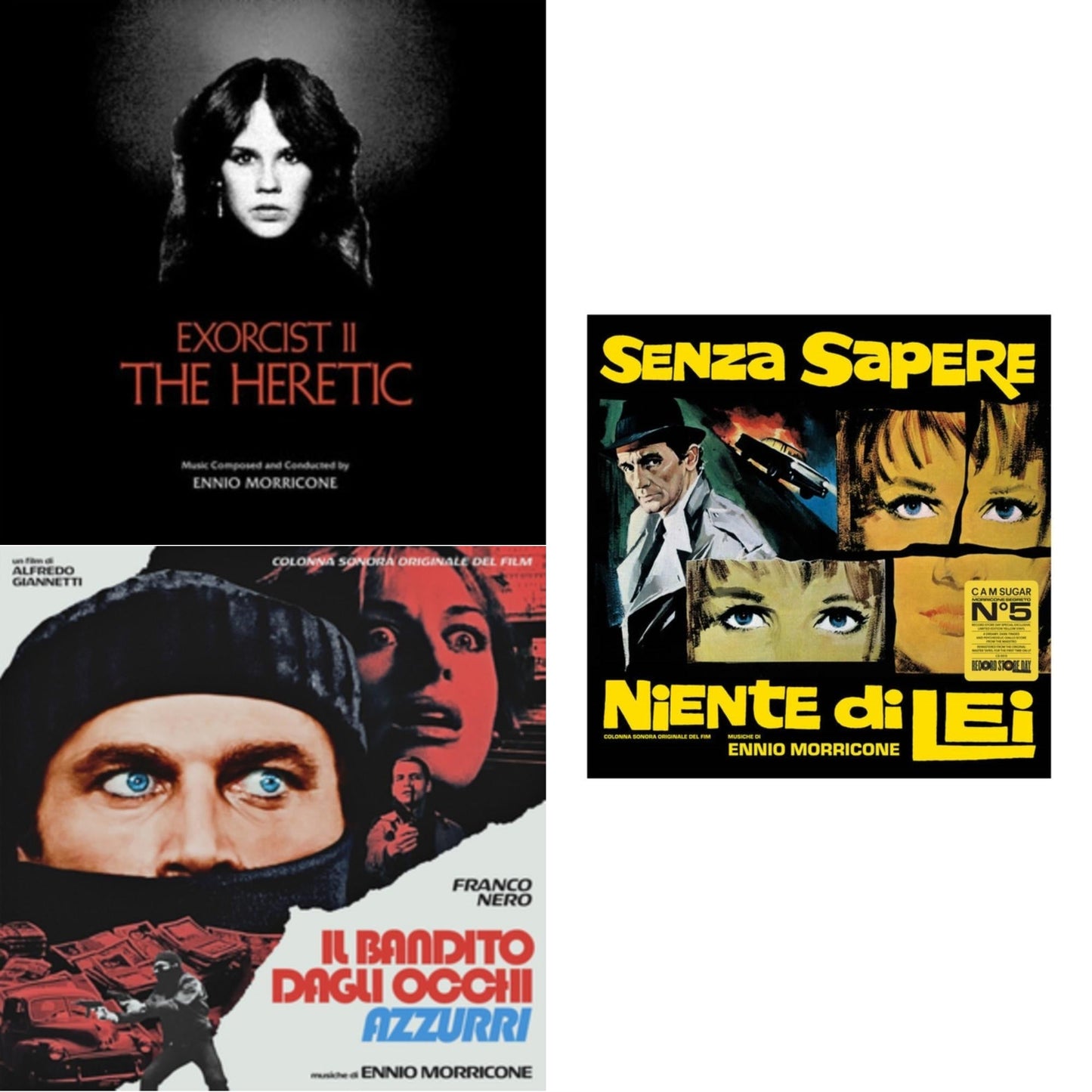 Ennio Morricone - Blue-Eyed Bandit (Il Bandito Dagli Occhi Azzurri) Ost (Blue LP Vinyl) (Rsd) & Senza Sapere Niente Di Lei (Yellow LP Vinyl) & Exorcist Ii: The Heretic (Blood Red With Black Splatter LP Vinyl) (Ams Exclusive)