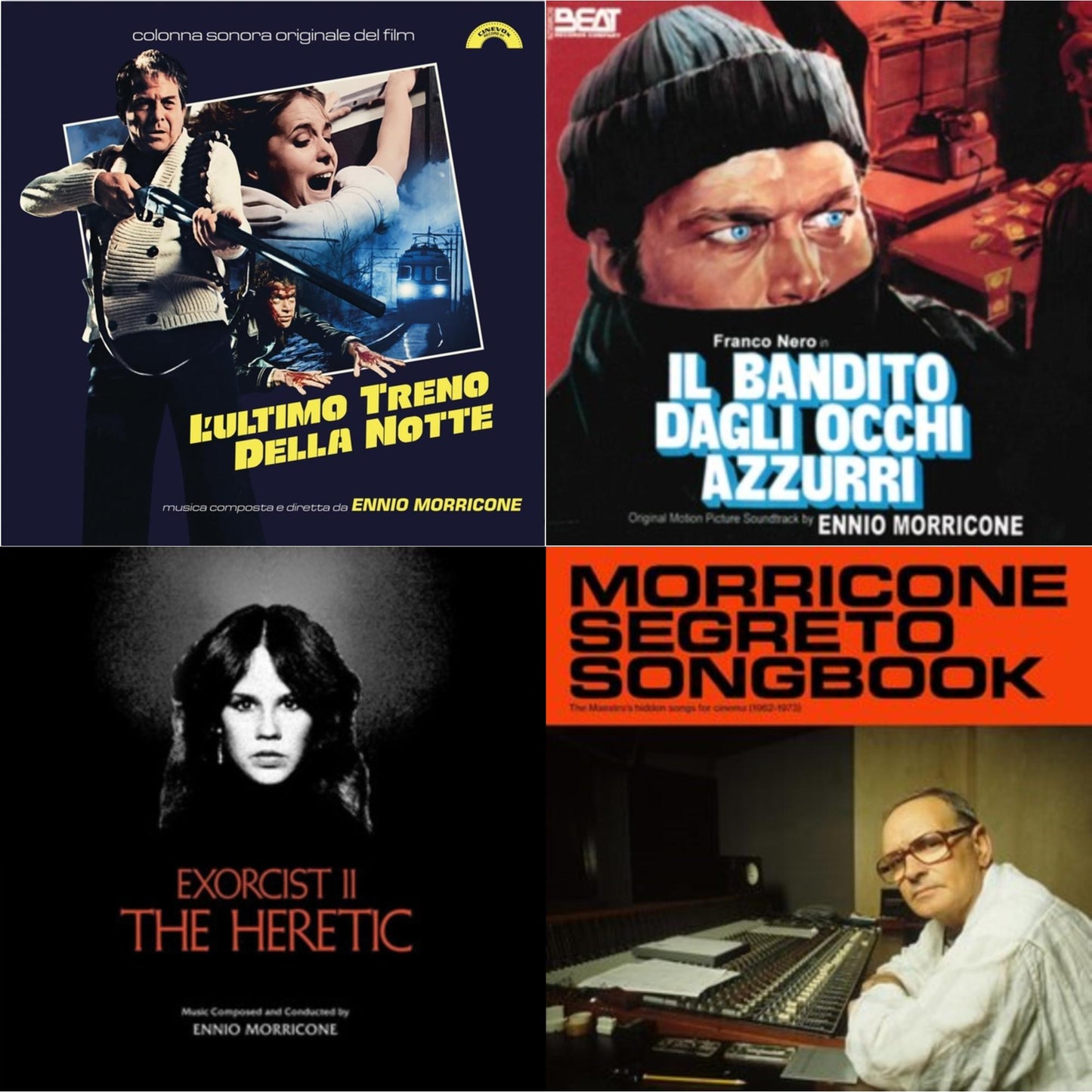 Ennio Morricone - Blue-Eyed Bandit (Il Bandito Dagli Occhi Azzurri) Ost & L’Ultimo Treno Della Notte (Yellow LP Vinyl) & Morricone Segreto Songbook (1962-1973) (2LP) & Exorcist Ii: The Heretic (Blood Red With Black Splatter LP Vinyl) (Ams Exclusive)