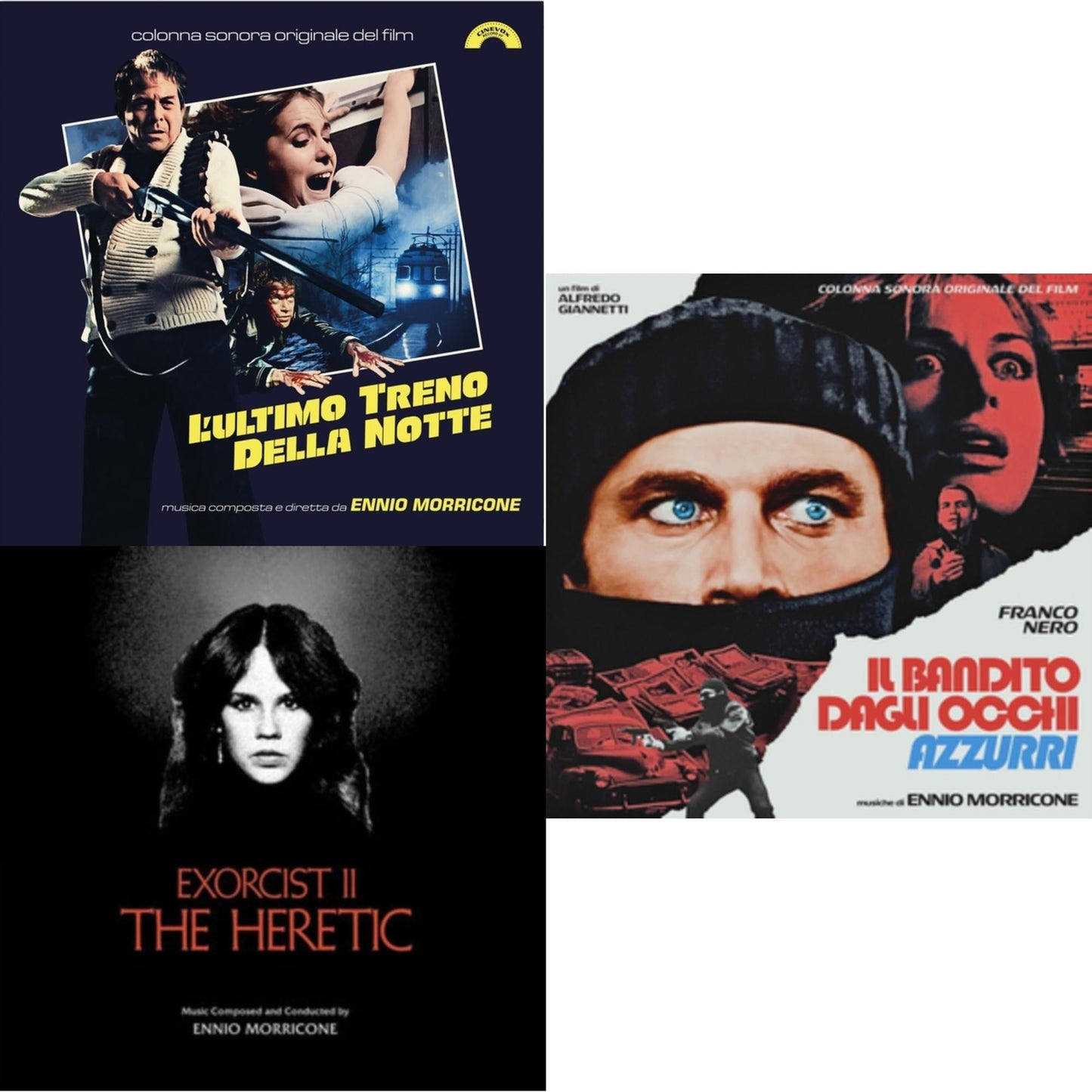 Ennio Morricone - L’Ultimo Treno Della Notte (Yellow LP Vinyl) & Blue-Eyed Bandit (Il Bandito Dagli Occhi Azzurri) Ost (Blue LP Vinyl) (Rsd) & Exorcist Ii: The Heretic (Blood Red With Black Splatter LP Vinyl) (Ams Exclusive)