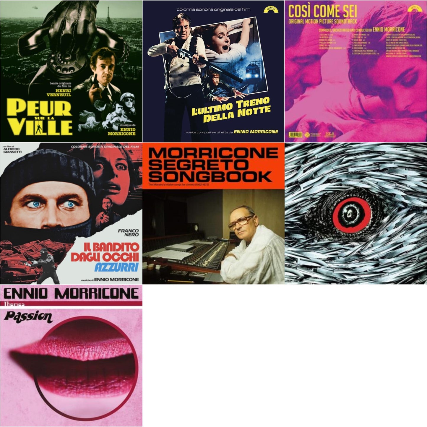 Ennio Morricone - Peur Sur La Ville (Gatefold Sleeve Designed By Eric Adrian Lee) & L’Ultimo Treno Della Notte (Yellow LP Vinyl) & Così Come Sei Ost (Limited/180G/Solid Pink LP Vinyl) & Blue-Eyed Bandit (Il Bandito Dagli Occhi Azzurri) Ost (Blue LP