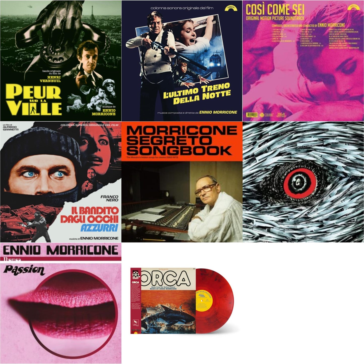 Ennio Morricone - Peur Sur La Ville (Gatefold Sleeve Designed By Eric Adrian Lee) & L’Ultimo Treno Della Notte (Yellow LP Vinyl) & Così Come Sei Ost (Limited/180G/Solid Pink LP Vinyl) & Blue-Eyed Bandit (Il Bandito Dagli Occhi Azzurri) Ost (Blue LP