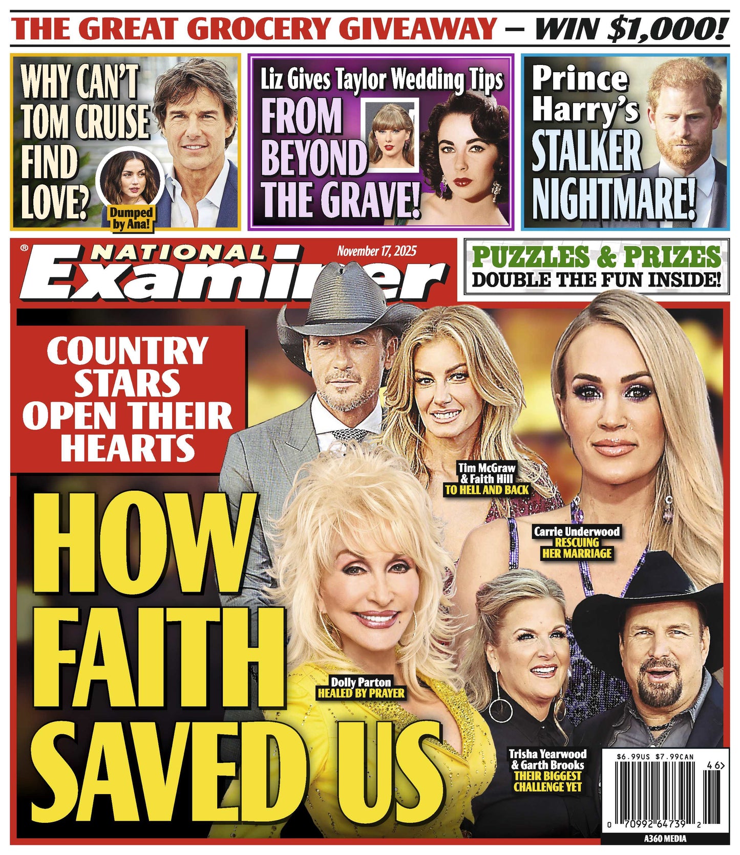 National Examiner - 11.17.25: Country Stars Reveal How Faith Transformed Their Lives, Tom Cruise’s Love Struggles, Elizabeth Taylor’s Wedding Advice For Taylor Swift, Prince Harry's Stalker & More!
