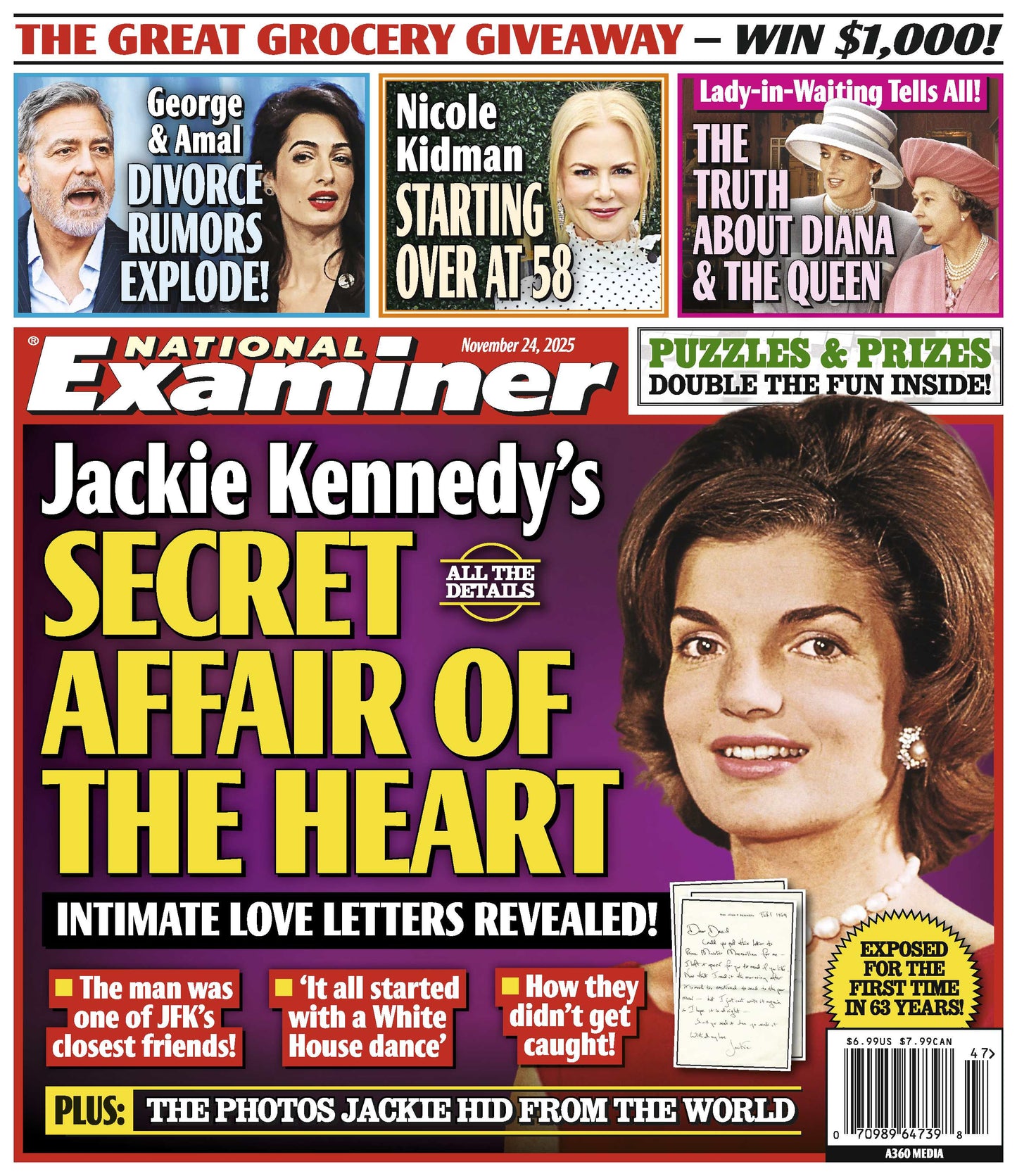 National Examiner - 11.24.25: Jackie Kennedy’s Secret Affair, George & Amal Clooney Divorce Rumors Explode, The Truth About Princess Diana & The Queen, Nicole Kidman Starting Over At 58 & More!