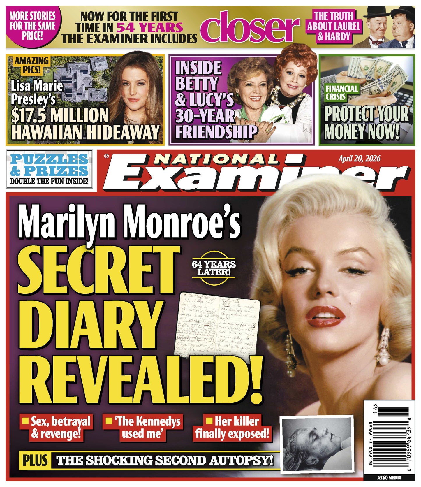 National Examiner - 04.20.26: Marilyn Monroe's Secret Diary Revealed, Inside Betty & Lucy's 30-Year Friendship, The Truth About Laurel & Hardy, Lisa Marie Presley's $17.5M Hawaiian Hideaway & More!
